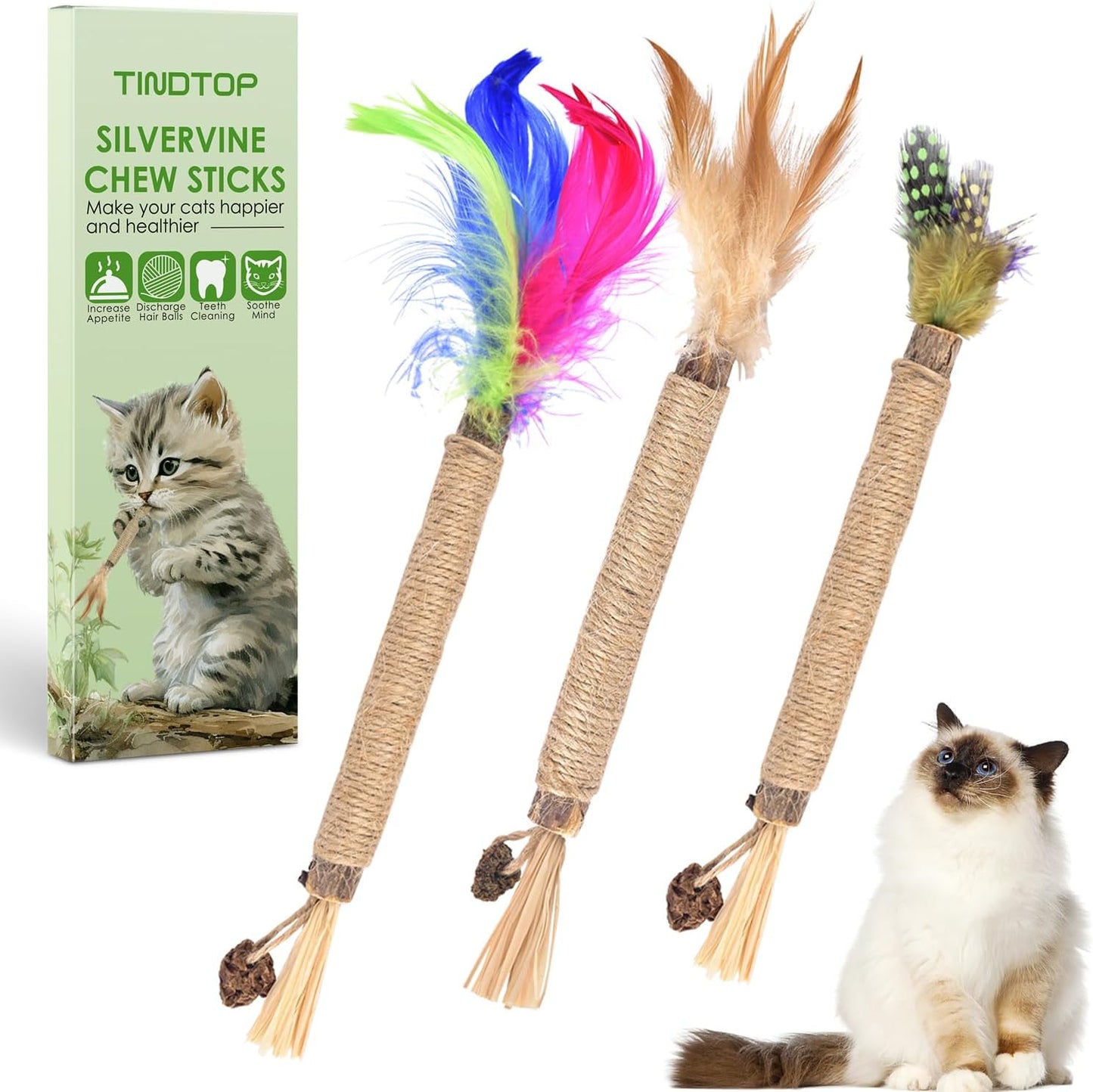 TINDTOP Silvervine Chew Sticks for Cats, Natural Catnip Chew Toys for Kittens Teeth Cleaning, Matatabi Dental Care, Increase Appetite, Calm Cat Anxiety and Stress, Cat Dental Toy (3 Pack)