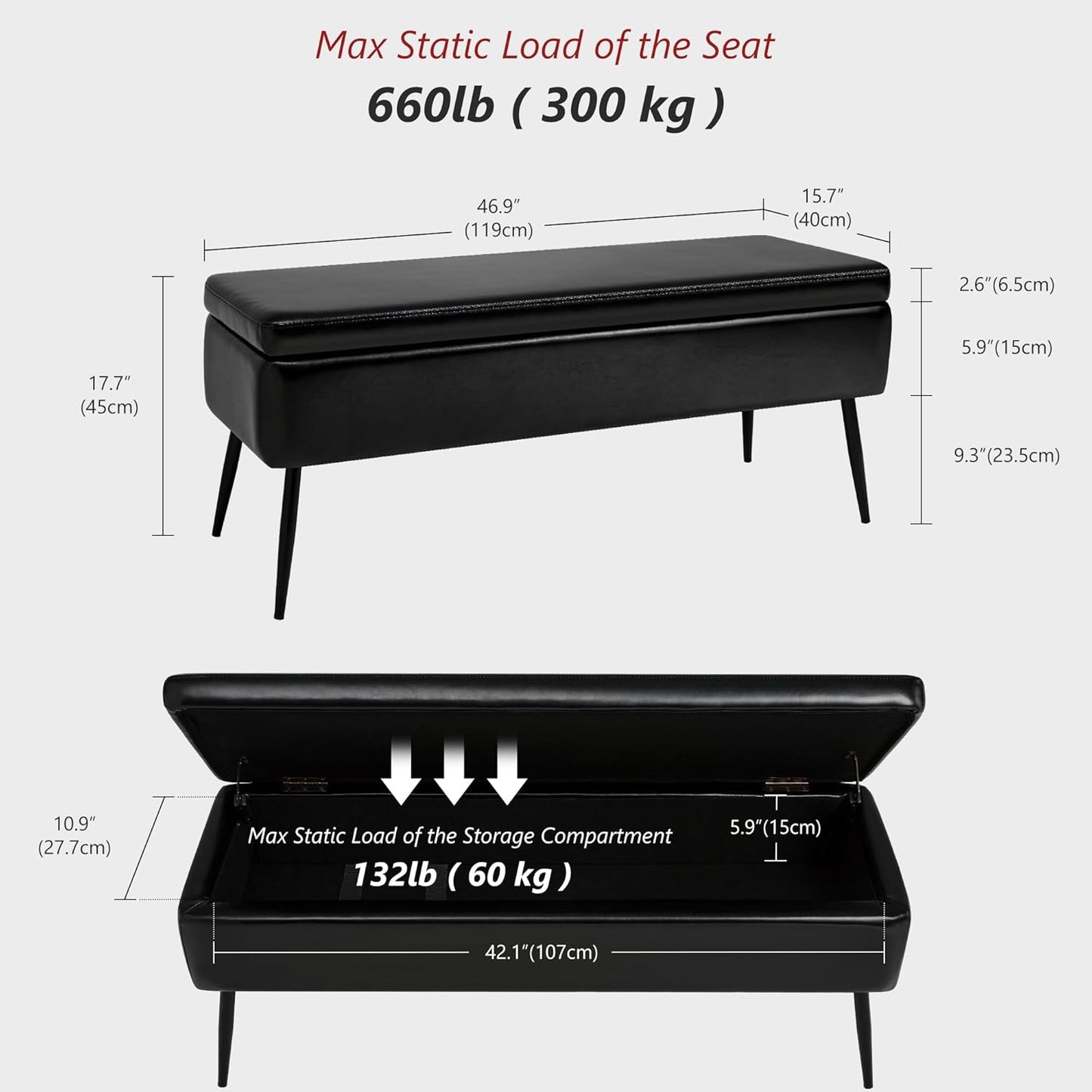 Leather Storage Ottoman Bench,End of Bed Bench for Living Room Bedroom Dinning Room Entryway,Mid-Century Modern,Faux Leather,with Steel Legs,Safety Hinges,Loads 660 lb (Without Button, Black)