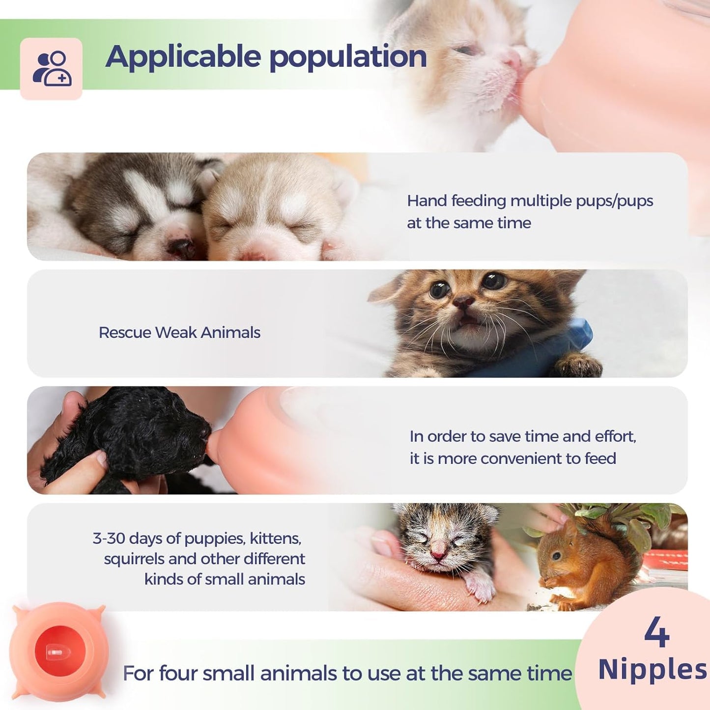Nursing Nipple for Kittens,Puppy Milk feeders for Multiple Puppies with 4 Nipples & Support Base,Smooth Flow Nipple for Kittens,Ideal Replacement for Nursing Bottle kit,200ml Capacity(Pink)