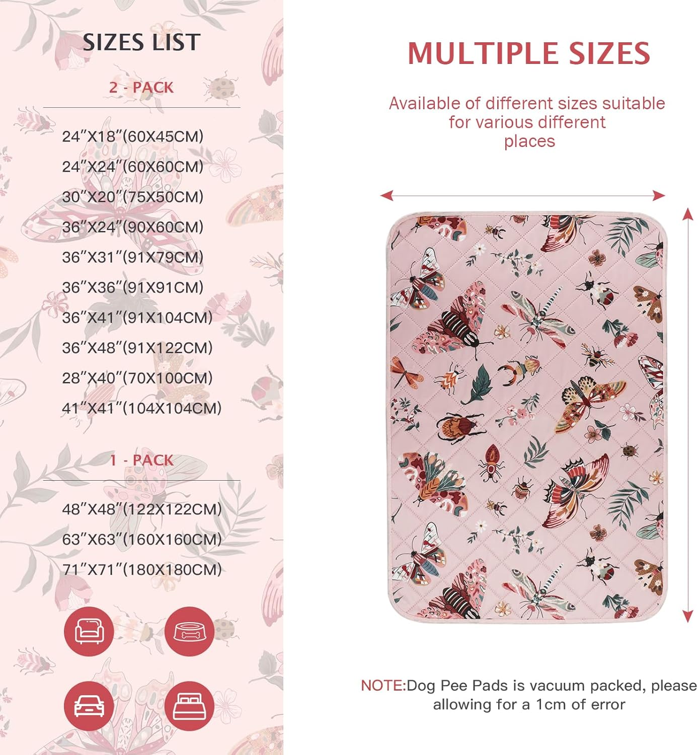 IEUUMLER Washable Pee Pads for Dogs, 2 Pack Insect Pattern Reusable Waterproof Puppy Potty Pads, Non-Slip Absorbent Pet Training Pads for Playpen Crate Bed EU014