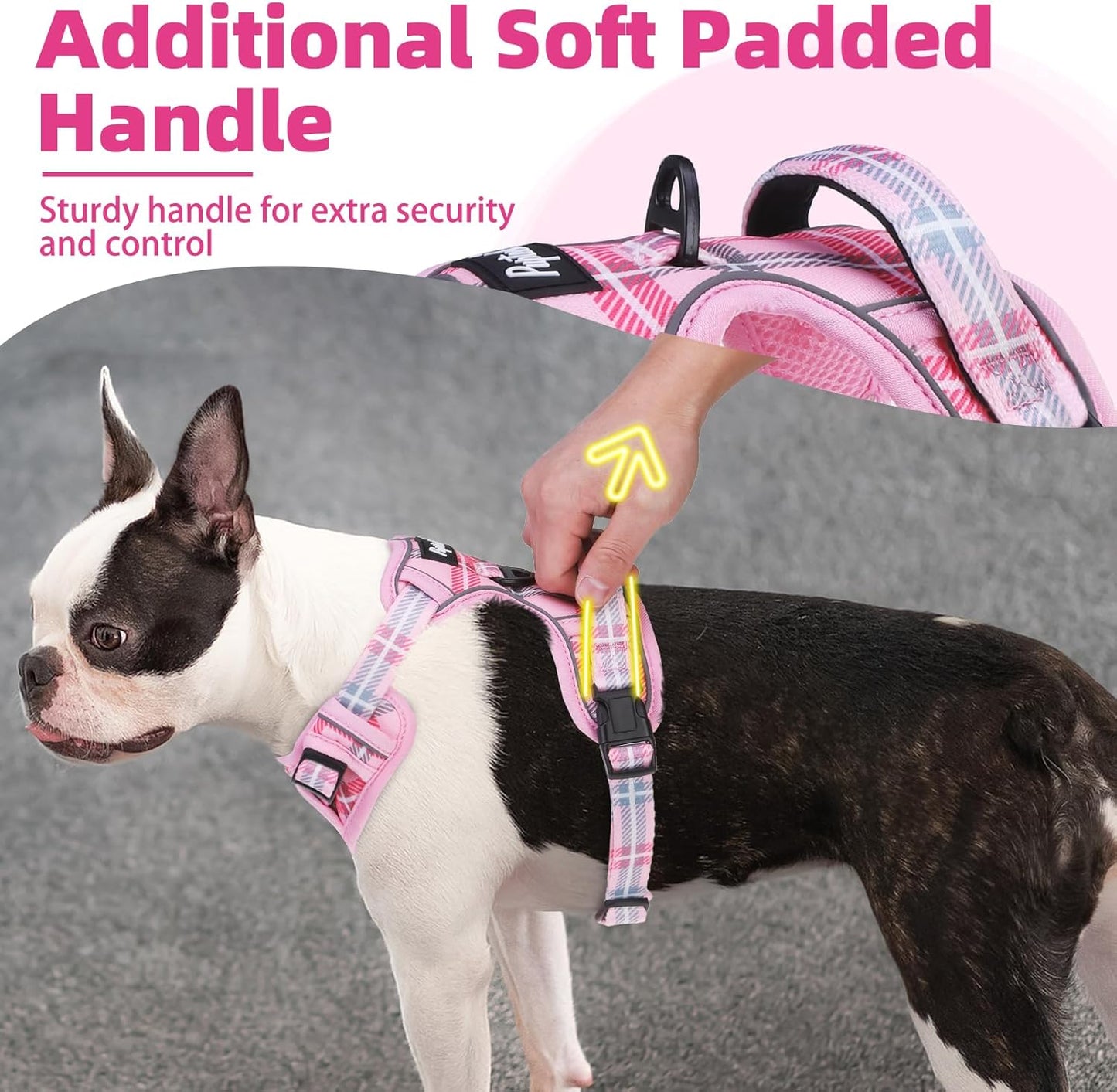 PUPTECK No Pull Dog Harness Small Sized, Adjustable Reflective Dog Harness with Handle Easy Control, Comfortable Soft Padded Pet Vest Harness for Small Dogs, Plaid Pink S