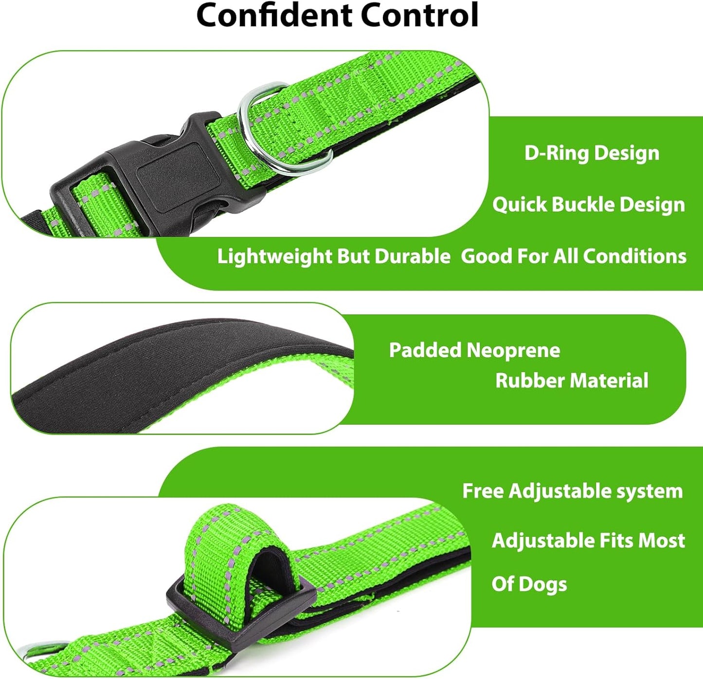 Reflective Dog Collar Padded with Soft Neoprene Breathable Quick Release Basic Dog Collars for Large Dogs Green Boy Girl