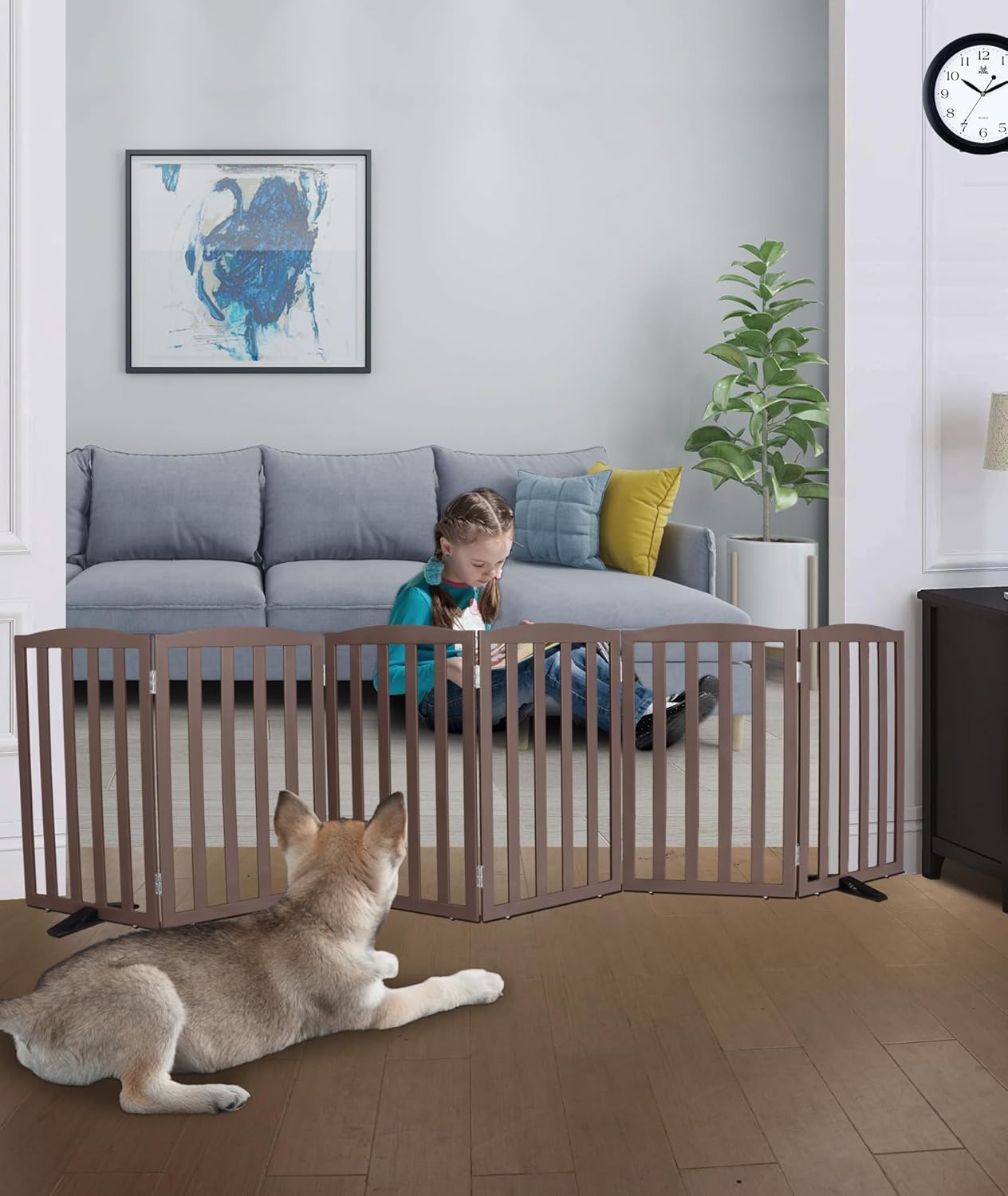 ZJSF Foldable Freestanding Indoor Dog Gate for House Wood Long Pet Gates Dog Fence for Stairs Puppy Gates for Hallways, Puppy Gate,Support Feet Included, Brown, 32 "Height-6 Panels