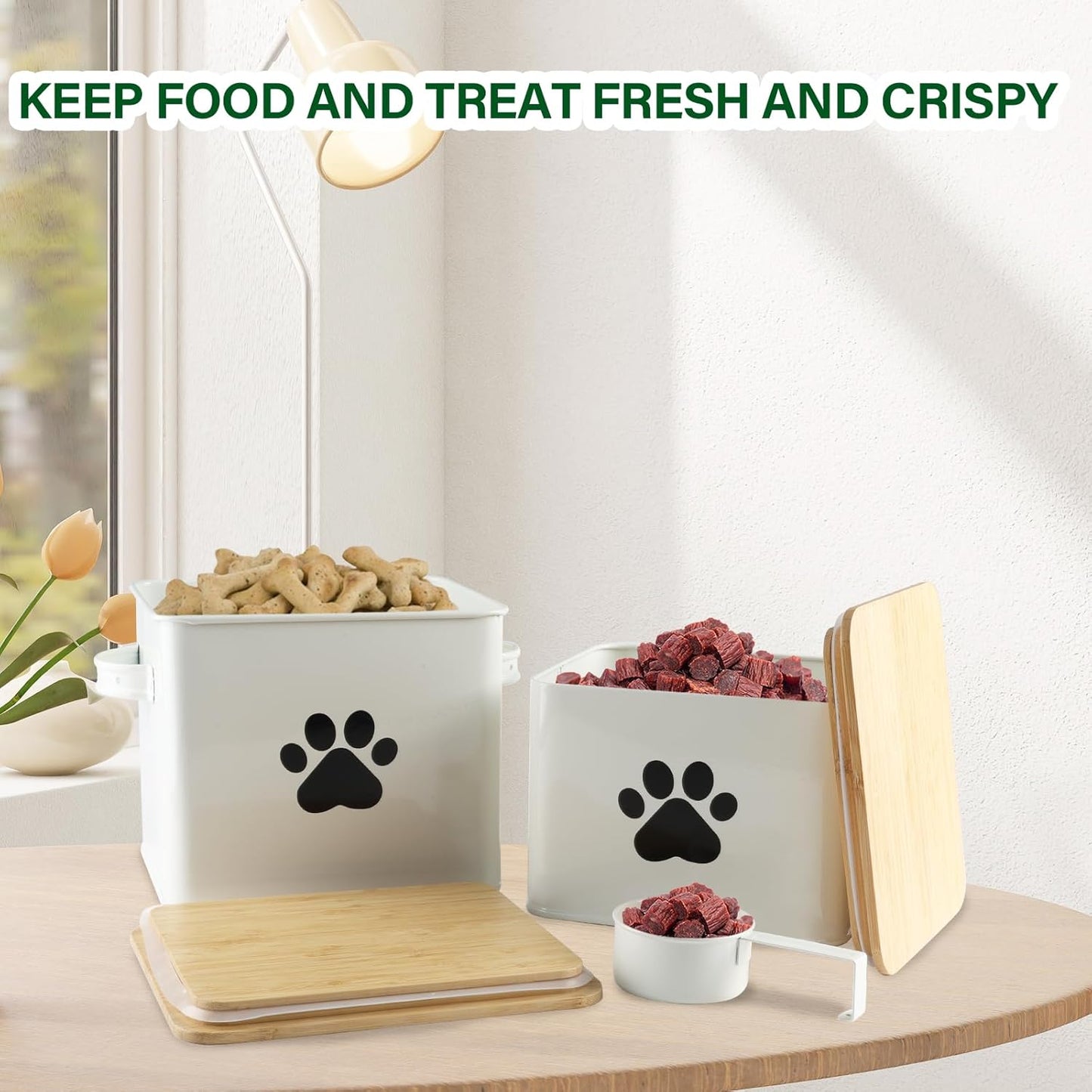 Set of 2 Airtight Dog Treat Container -10lb Metal Dog Food Canister -Dog Treat Jars for Kitchen Counter with Bamboo Lids-Pet Puppy Food Bin with Food Scoop- Doggie Cookie Jar-White