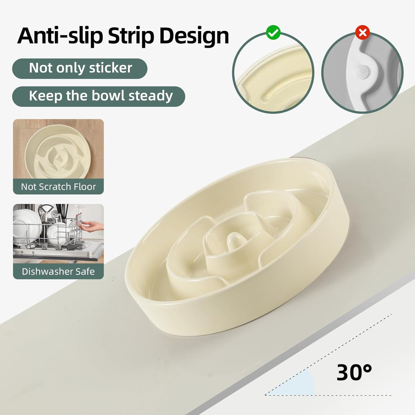 7.3inch Ceramic Slow Feeder Dog Bowl for Medium and Large Breed, Puzzle Dog Food Dish, Anti-Gulping, Pet Slow Feeder, Stop Bloat, Preventing Choking (Single Bowl-Beige)