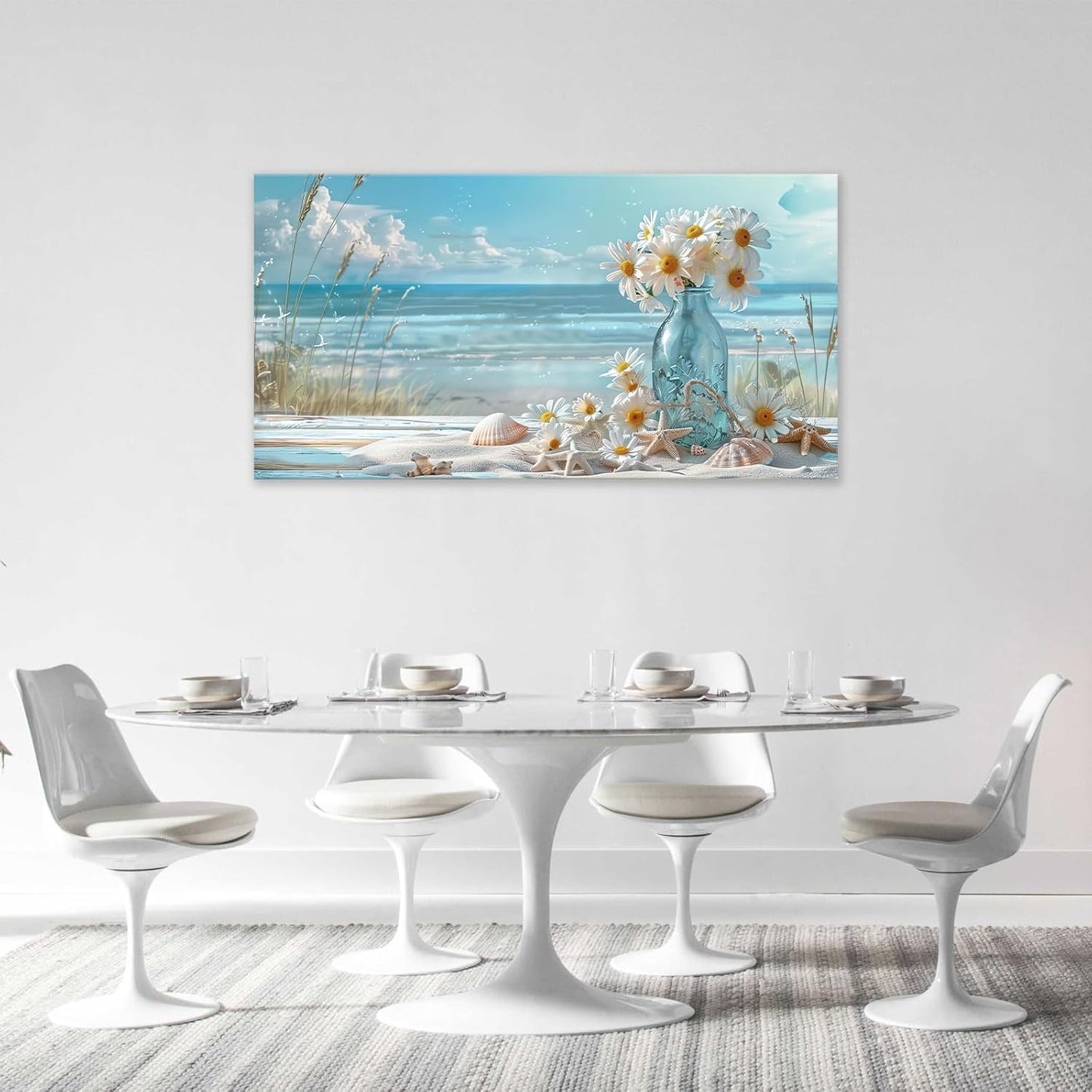 Large Beach Wall Art for Living Room Flower Daisy Art Big Space Size Framed Ocean Shell Canvas Prints Blue Pictures Painting Artwork Office Bedroom Home Decor 60"x30"