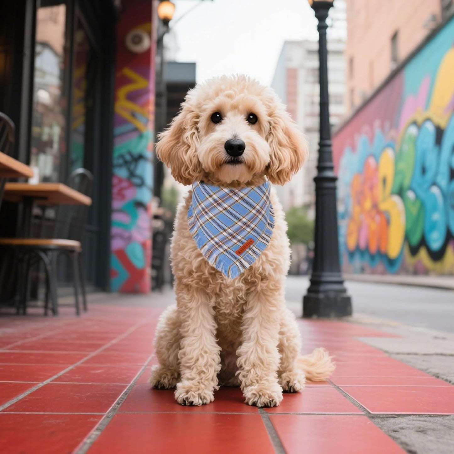 ADOGGYGO Dog Bandanas Boy with Tassels Edges, Stylish Blue Plaid Pet Scarf, Soft Cotton Fabric, Adjustable Reversible Plaid Bandanas for Small Dogs (Small)
