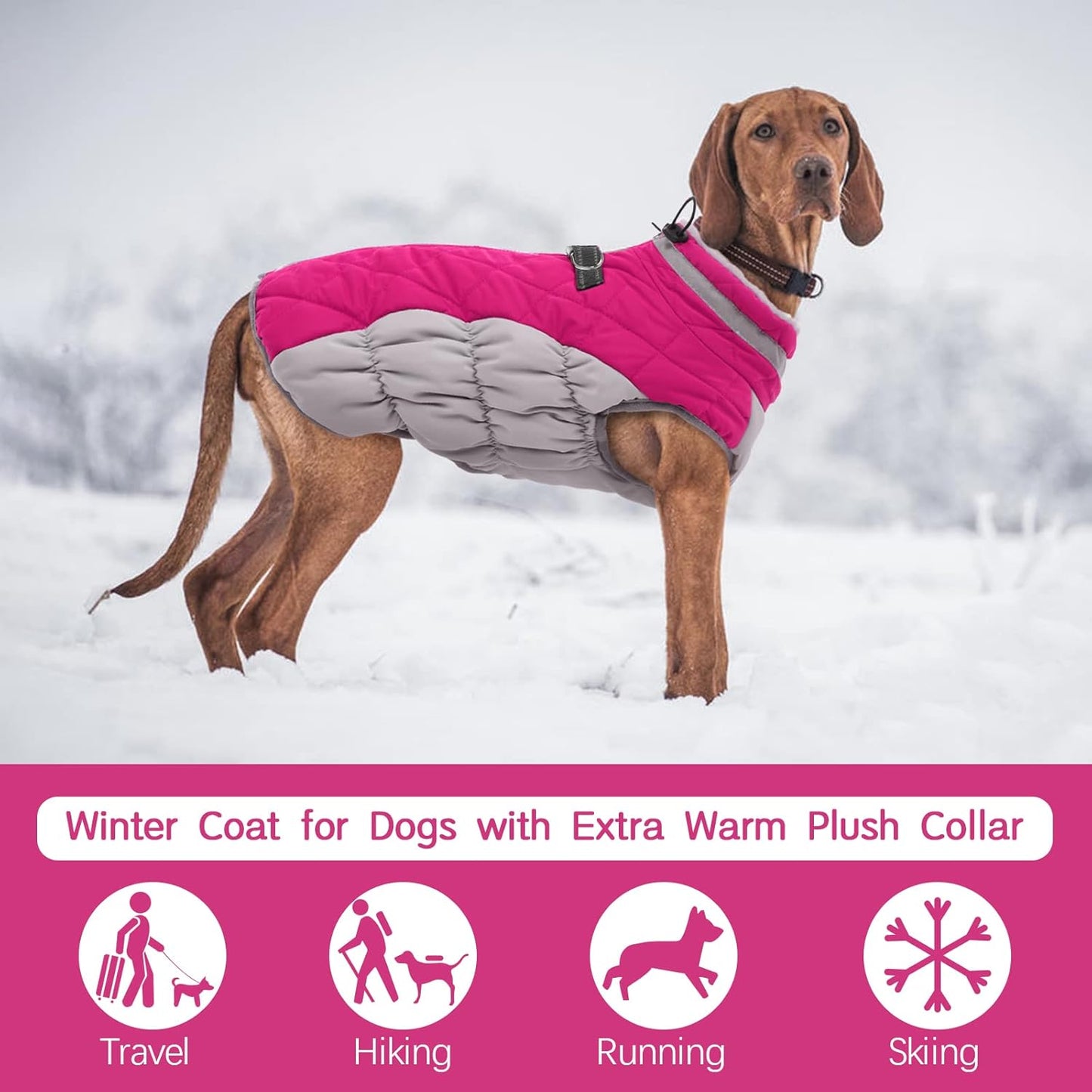 FUAMEY Dog Coat, Medium, Pink, Faux Fur - Waterproof, Windproof, Reflective Cold Weather Coat with Built-in Harness, Fits Dogs 11 lbs and Up