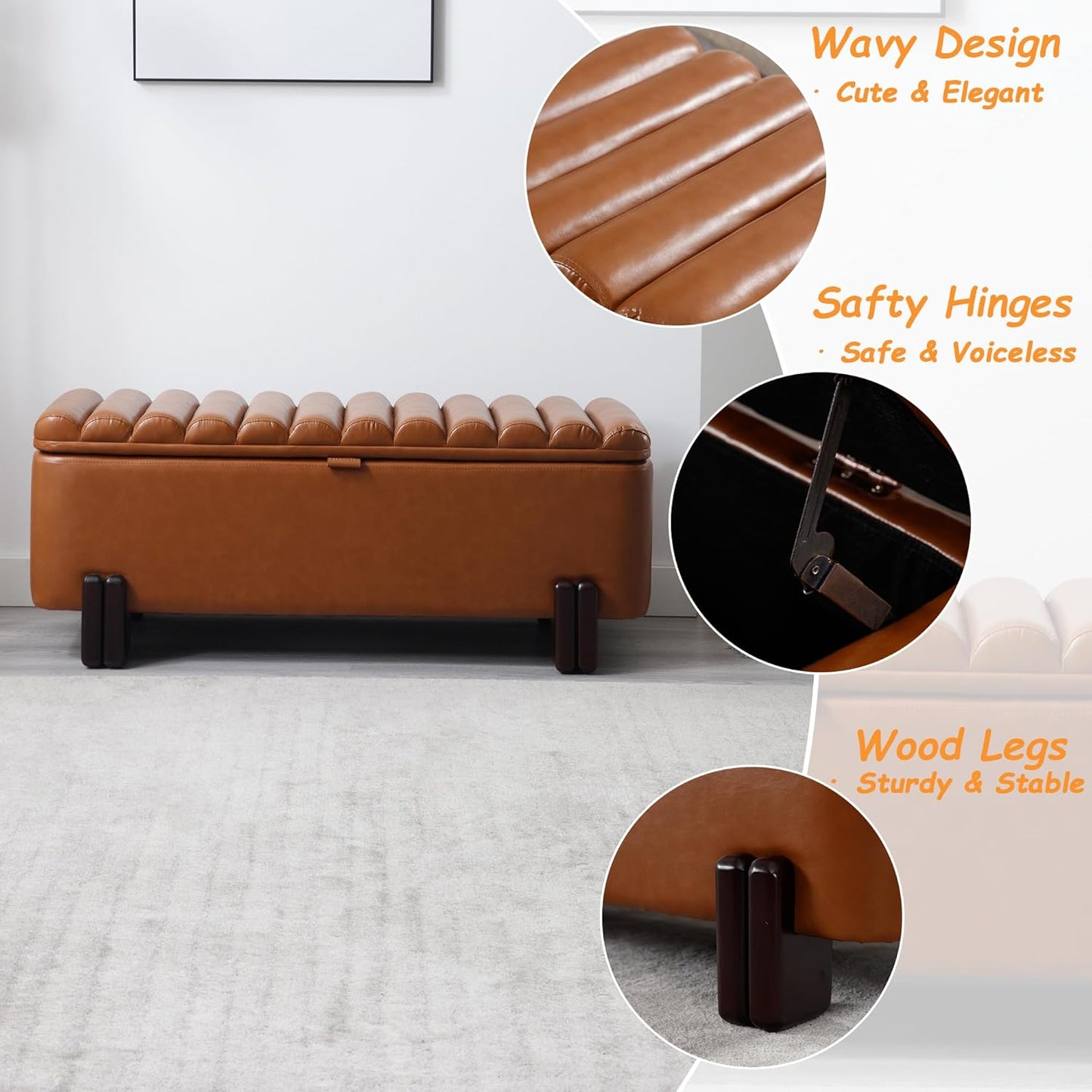 Kmax 45" Storage Bench PU Leather Entryway Bench Upholstered Ottoman Bench with Wavy Top & Safty Hinge for Bedroom Living Room Hallway, Brown