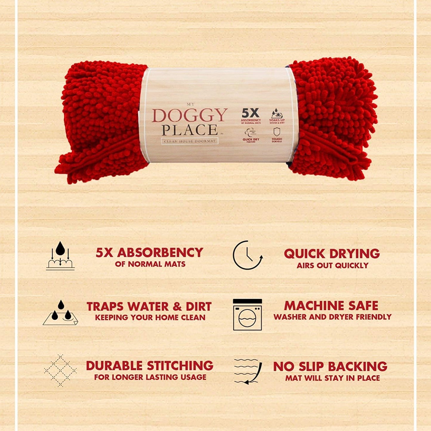 My Doggy Place Microfiber Dog Mat for Muddy Paws, 36" x 26" Red - Absorbent and Quick-Drying Dog Paw Cleaning Mat, Washer and Dryer Safe - Non-Slip Rubber Backed Dog Floor Mat, Large