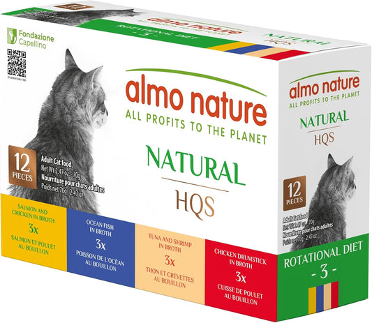 almo nature Wet Cat Food HQS Natural Rotational Diet Fish Selection & Chicken Drumstick - Variety Pack, Grain Free, Additive Free, Highly Digestible, Preservative Free 2.47-oz, 24 Pack