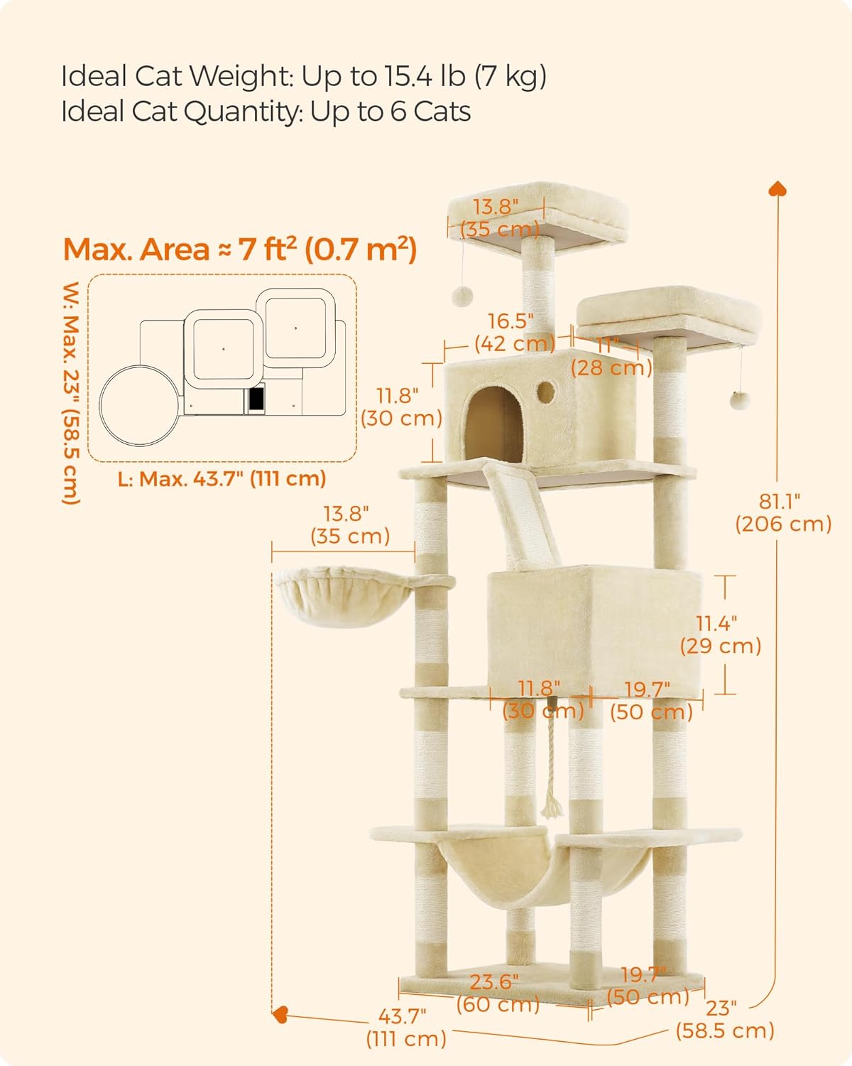 Feandrea Cat Tree, 81.1-Inch Large Cat Tower with 13 Scratching Posts, 2 Perches, 2 Caves, Basket, Hammock, Pompoms, Multi-Level Plush Cat Condo for Indoor Cats, Beige UPCT190M01