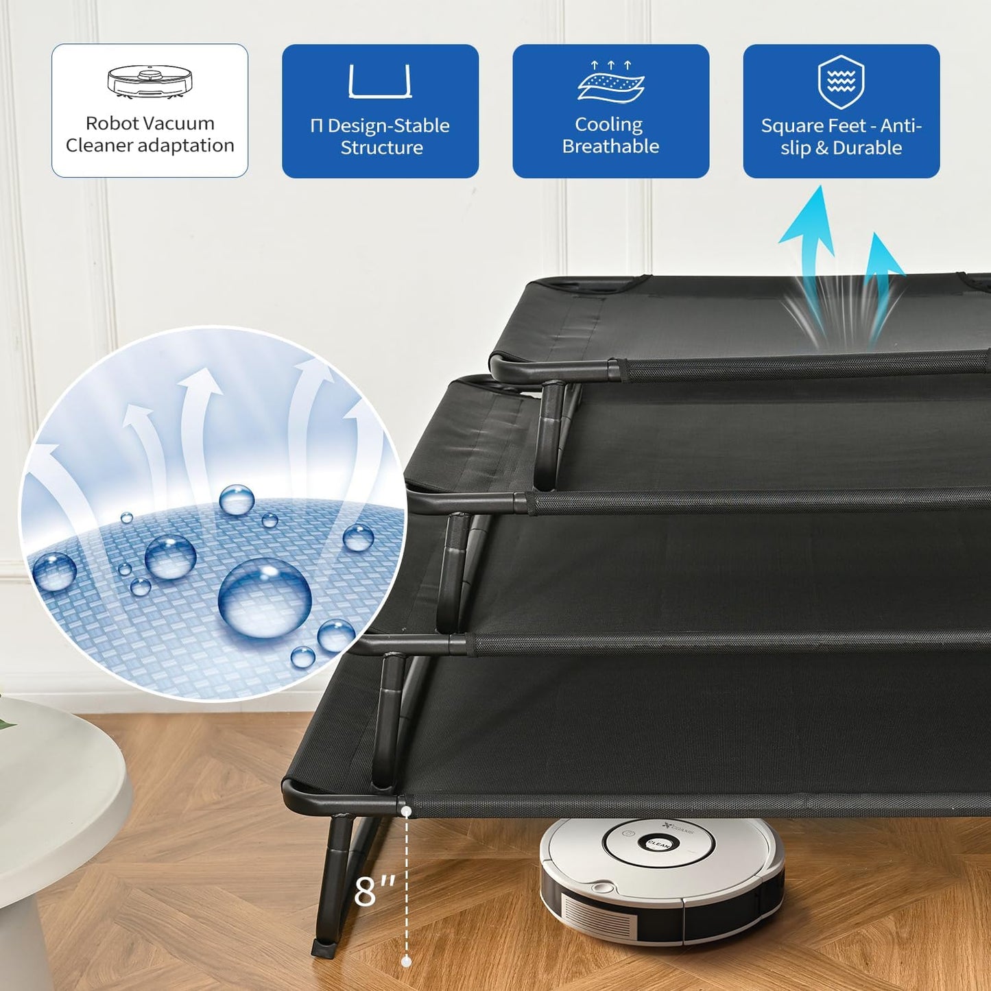 Cooling Elevated Dog Bed, Raised Outdoor Dog Bed Waterproof Pet Beds Cots Stable and Easy Assembly, Teslin Fabric with 1.2mm Thick Iron Frame, Breathable, Ultra-Sturdy，Black, 42 * 28 * 7.9