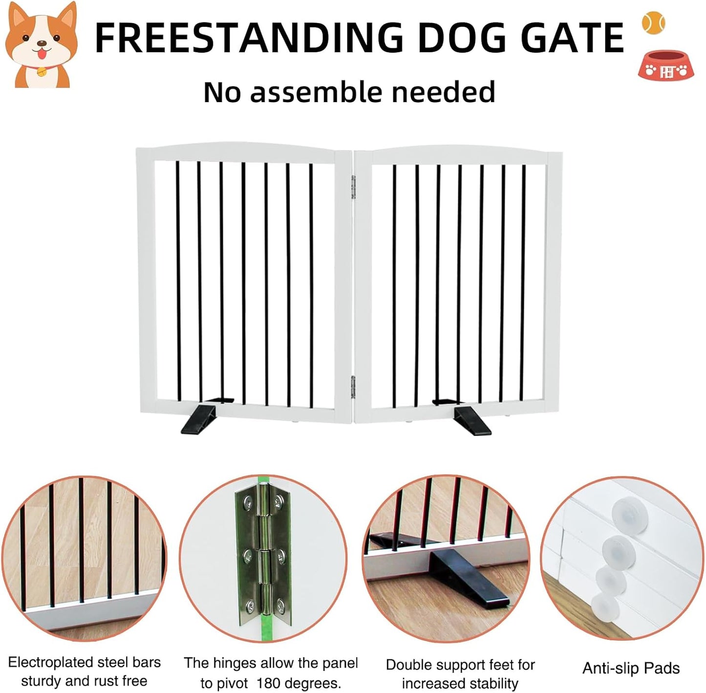 ZJSF Freestanding Panel Dog Gate for Indoor, Doorways,Stairs, or Hallways,Foldable Wooden White Pet Gates for House,Pet Gate for Dogs,Dog Fence, Puppy Gate,Support Feet Included, 32 "Height-2 Panels