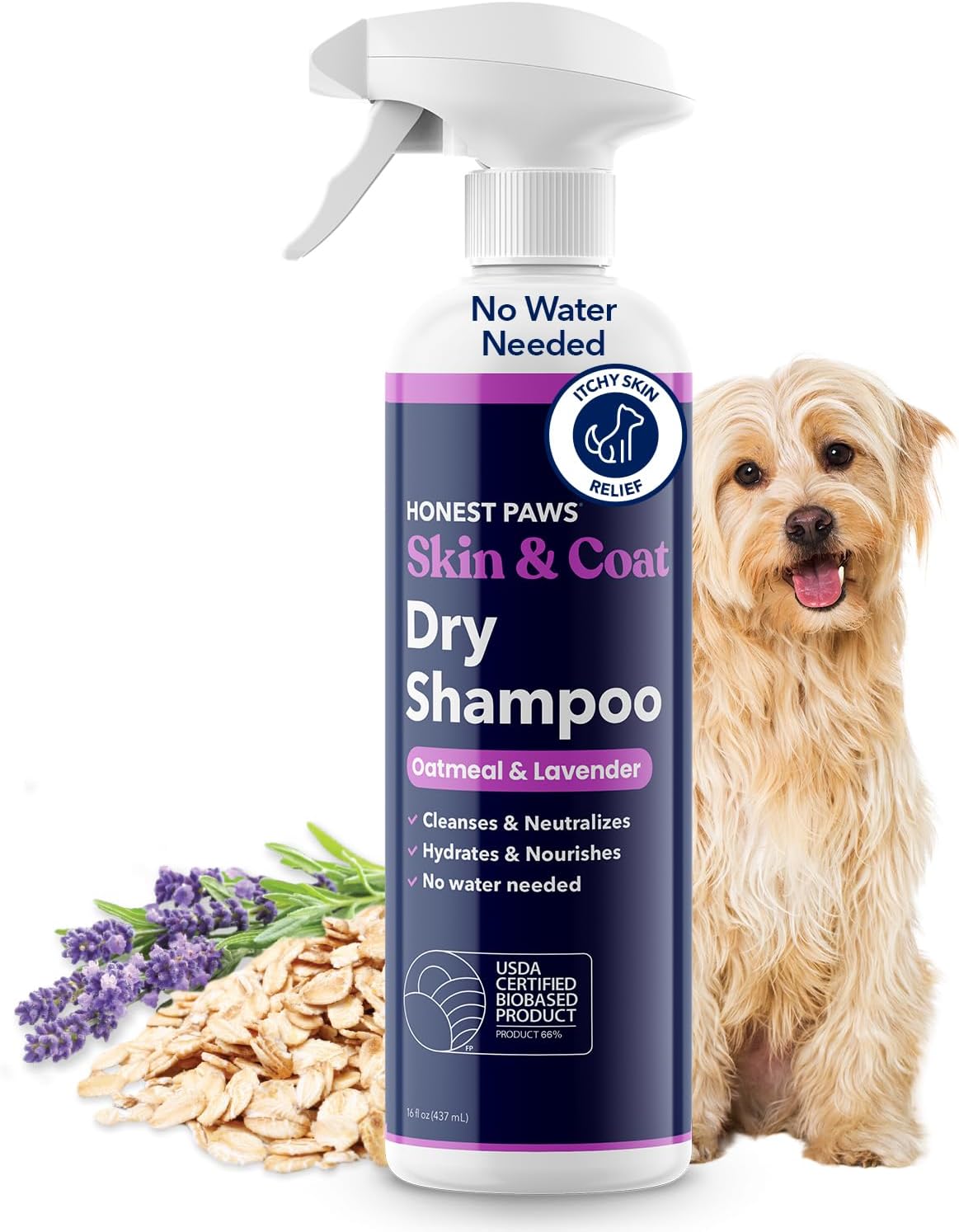 Honest Paws Dog Dry Shampoo - Waterless No Rinse Spray Formula Reducing Itch Cleanse Hydrate Nourish Dry Skin and Smelly Coat Help Decrease Odor Shedding and Allergies - Oatmeal & Lavender - 16 oz