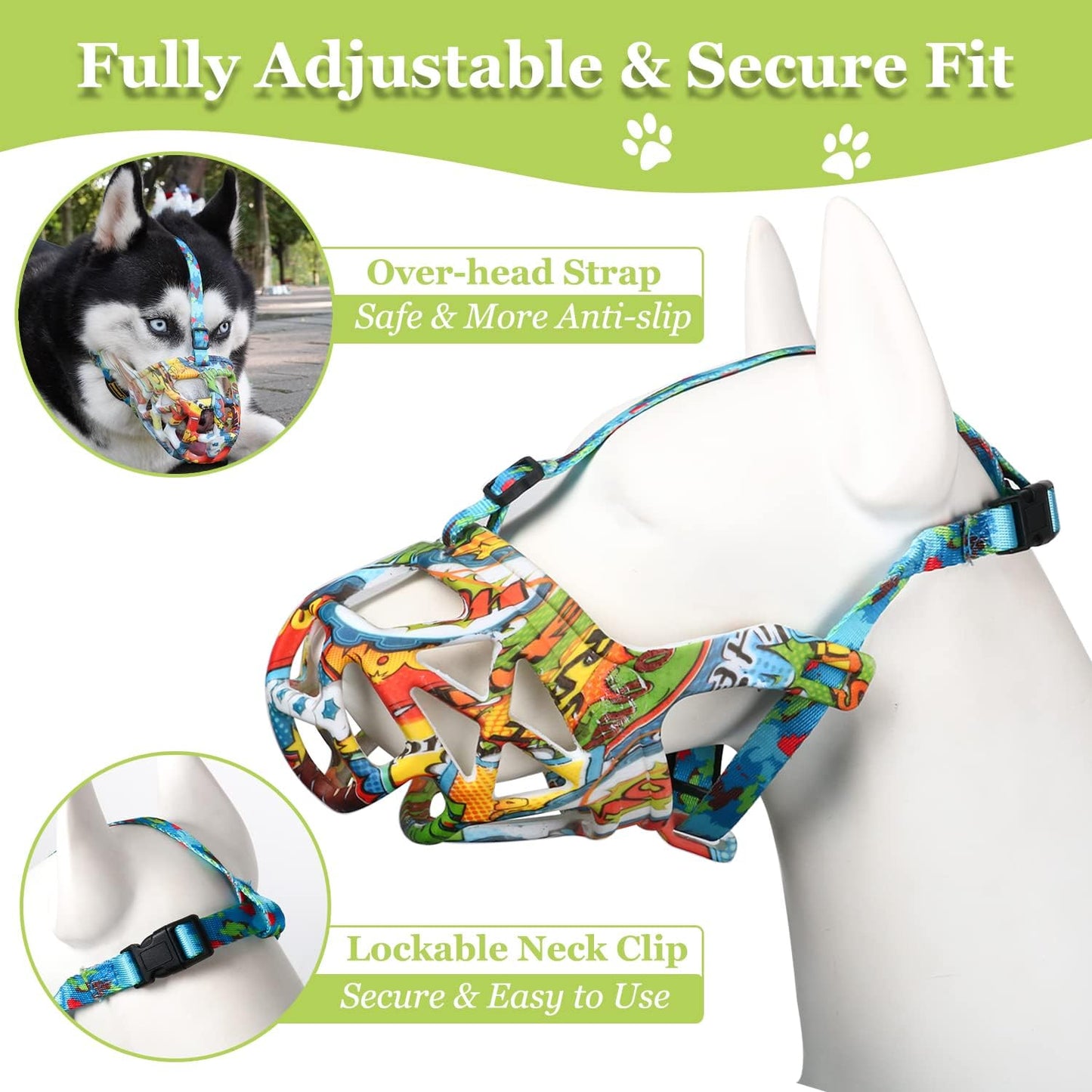 Mayrezon Dog Muzzle, Printed Basket Muzzle for Small Medium Large Dogs Dachshund, Beagle, German Shepherd, Breathable Pet Muzzles to Prevent Biting Chewing Scavenging, Allows Panting and Drinking