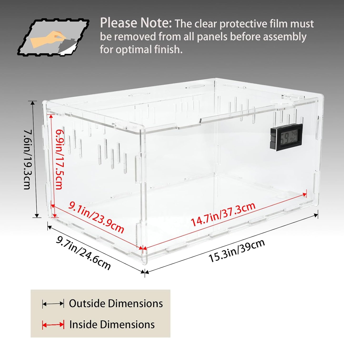 BETAZOOER Reptile Terrarium Breeding Tank Acrylic Reptile Feeding Box with Temperature Hygrometer (15.3"x9.7"x7.6")