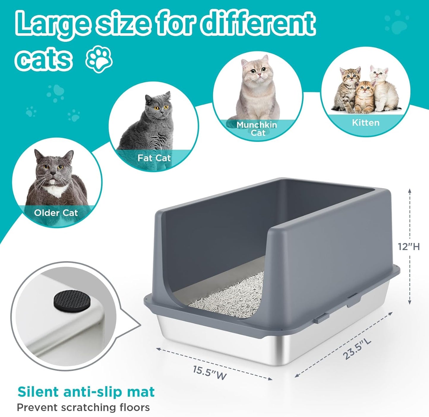 LIHONG Stainless Steel Litter Box with Lid, XL Metal Cat Litter Tray for Indoor Cats, Enclosure Cat Litter Pan for Large Cats, Non-Sticky Large Kitty Litter Box, Anti-Leakage, 23.5" X 15.6" X 12"