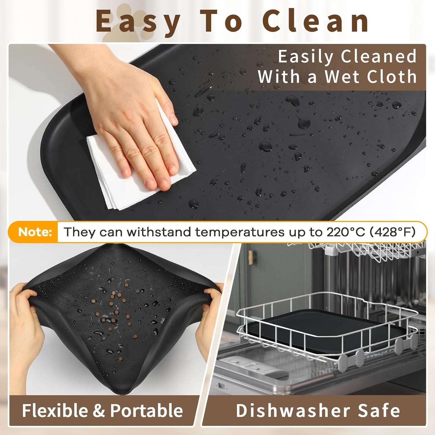 Silicone Pet Feeding Mat with Raised Edge & Residue Collection Pocket for Food and Water, Dog Bowl Mats, Cat Bowls Placemat with High Lip for Floor Waterproof, 24 x 16 x 0.8 Black