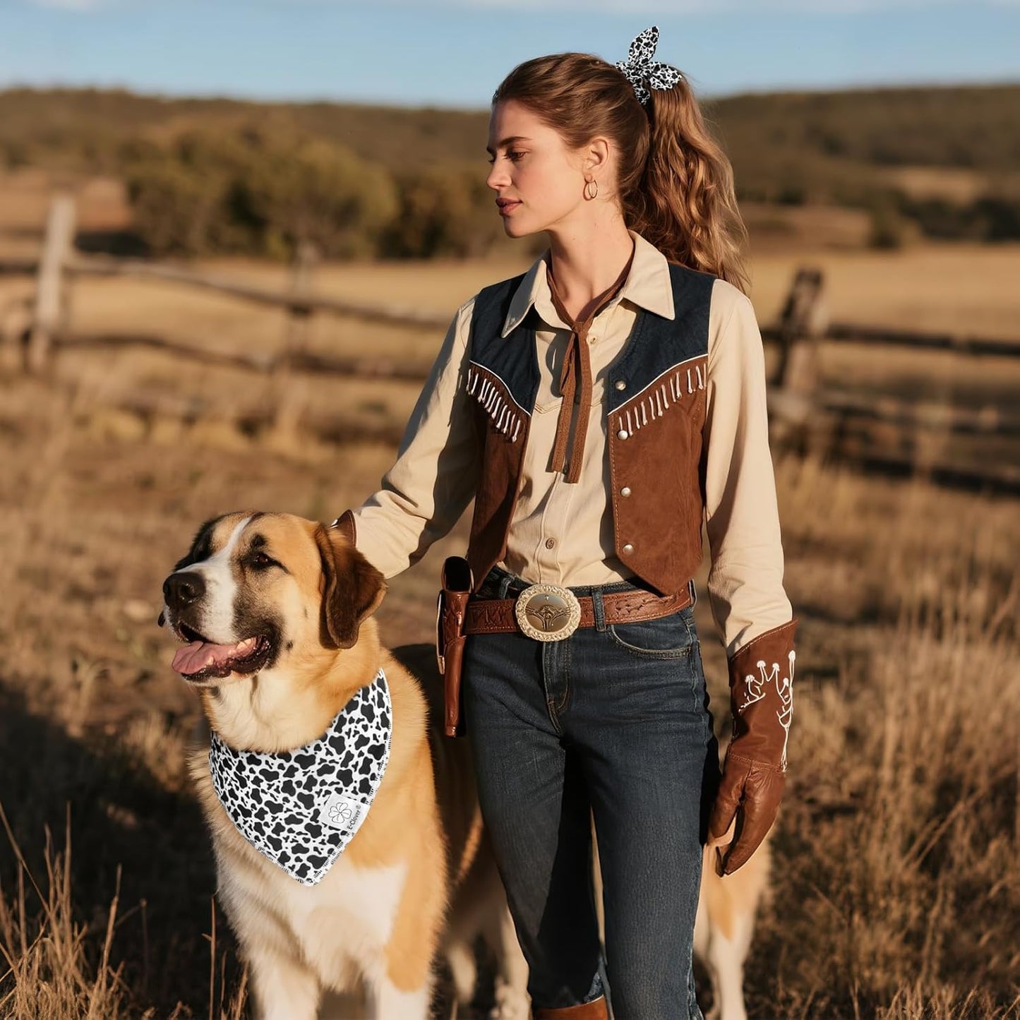 E-Clover Cow Print Dog Bandanas & Matching Scrunchie Set Fall Cowboys Theme Dog Scarf Bibs Pet Bandana with Bow Tie for Small Dogs Puppy Owner Mom Black White
