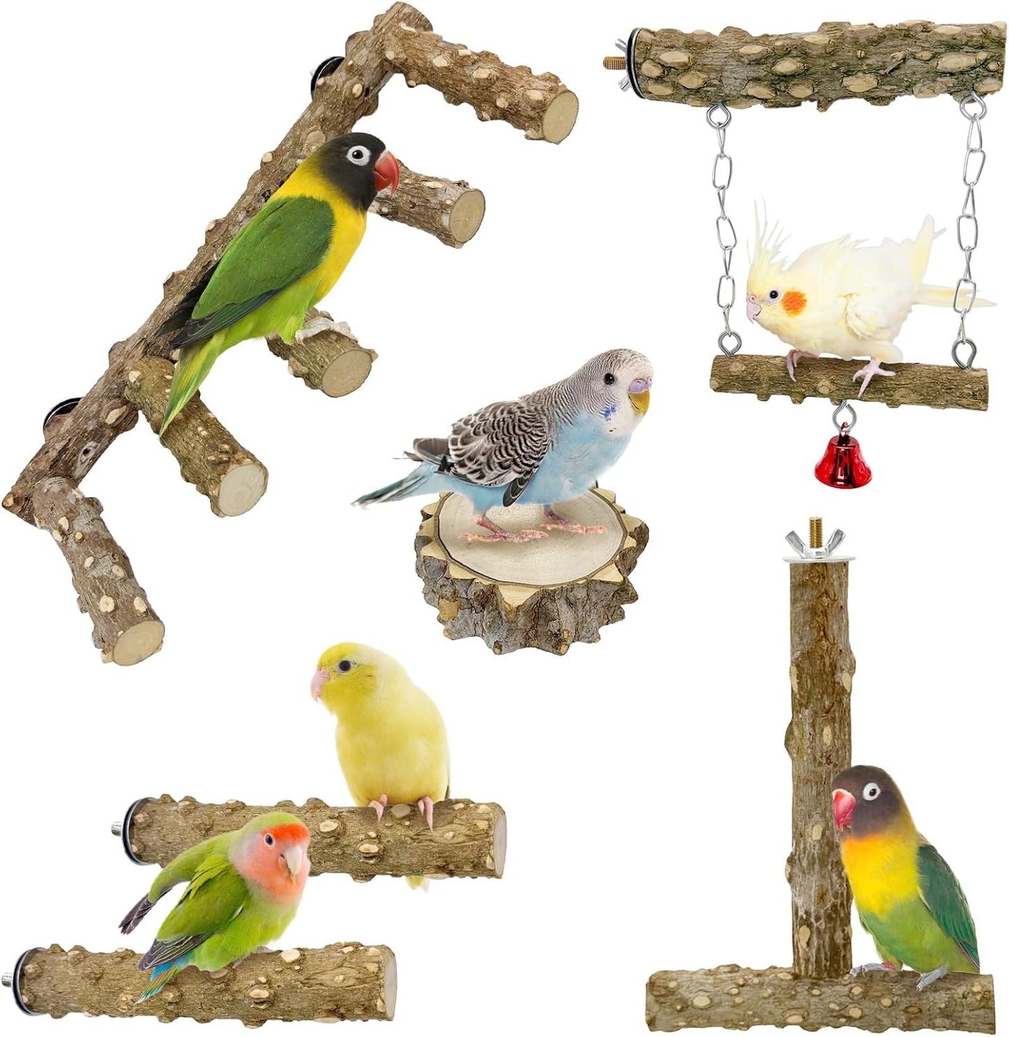 BNOSDM Natural Wood Bird Ladder Perch 6Pcs Parrot Stand Branches Climbing Chewing Stick Parakeet Swing Toys Cage Accessories Paw Grinding Fork Sets for Lovebirds Cockatiels Conure Budgies