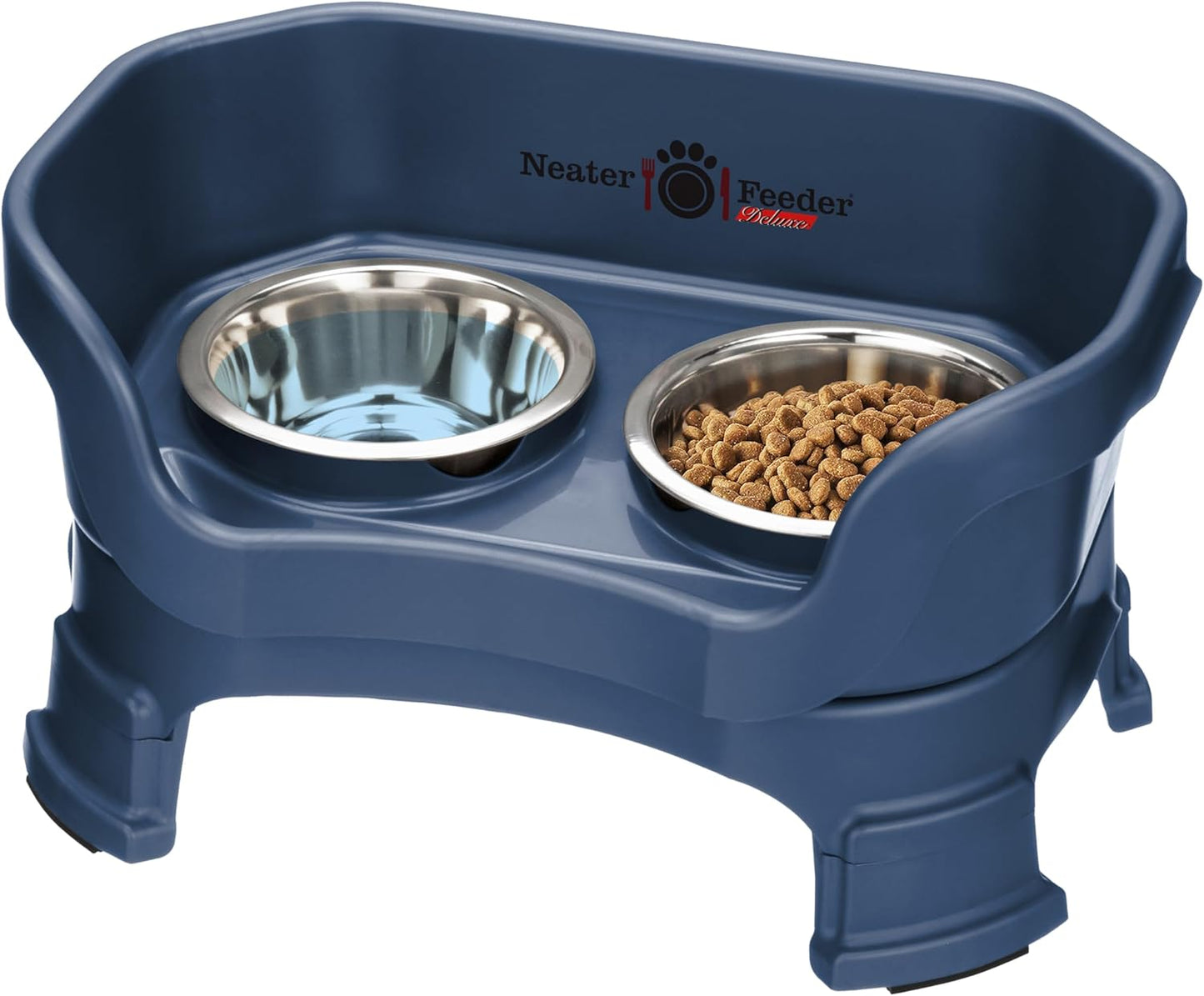 Neater Feeder Deluxe Mess Proof Cat Bowls Elevated for All Breeds – Made in USA – No Spill Raised Cat Bowls for Indoor Cats w/Leg Extensions – Stainless Steel Cat Food and Water Bowl Set - Dark Blue