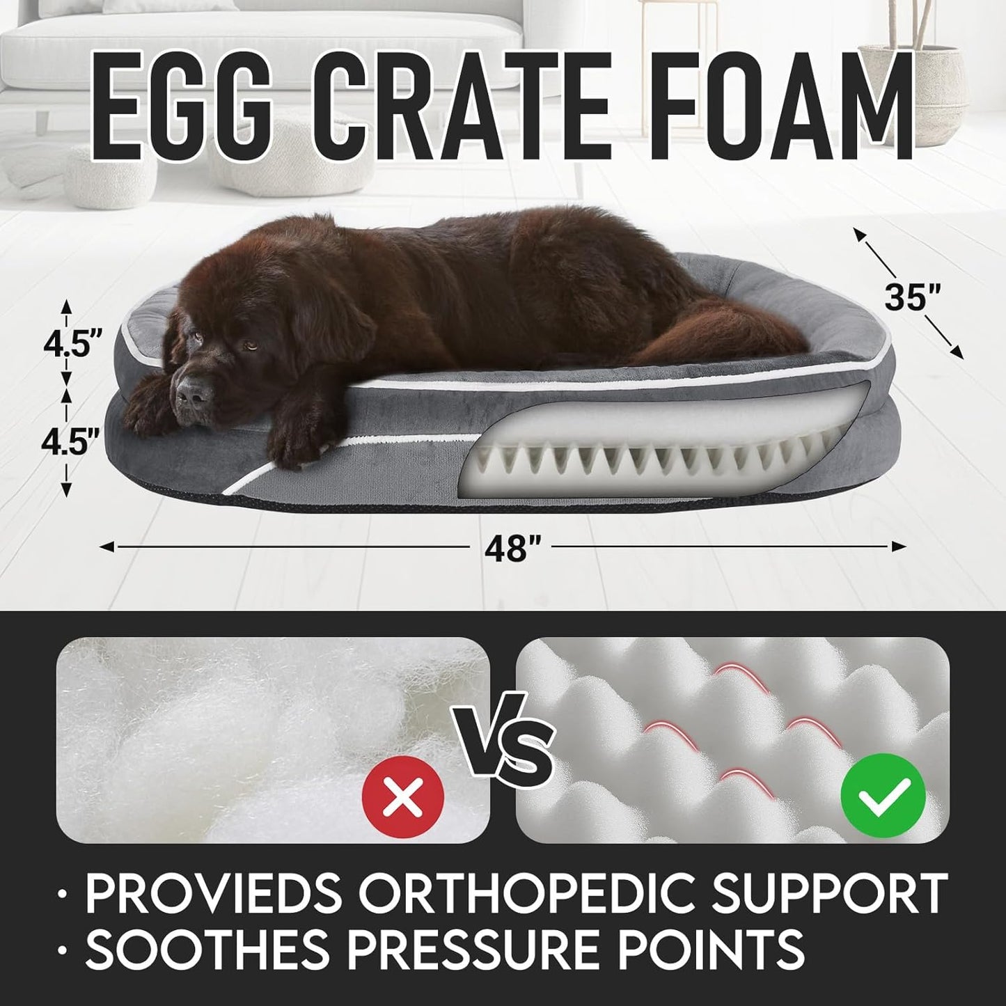 OhGeni Orthopedic Jumbo Dog Couch Pet Sofa XXL Sized Cat Beds with Comfort Foam Support, Soft Comfortable Fabric, Machine Washable Waterproof Removable Cover, 48-Inch (Gray)