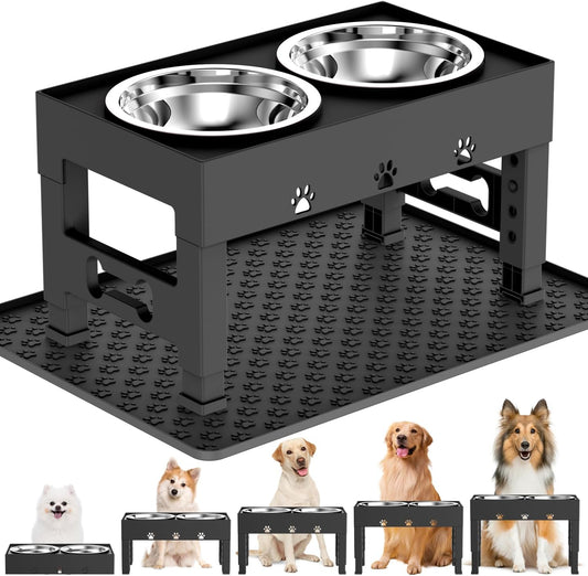 Elevated Dog Bowls with Mat, Raised Dog Food Bowl Stand with 2 Stainless Steel Bowls, 5 Height Adjustable (3.1", 9", 10", 11", 12") Non-Slip Feeder Set for Medium and Large Dogs – Black