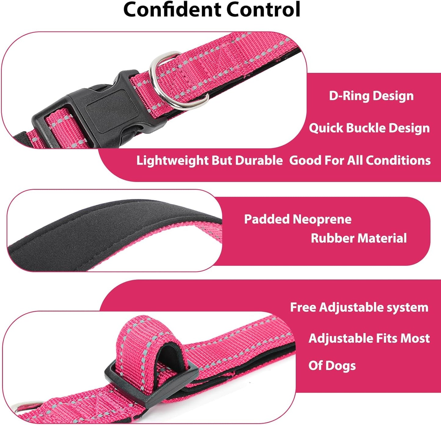 Reflective Dog Collar Padded with Soft Neoprene Breathable Quick Release Basic Dog Collars for Medium Dogs Hot Pink Girl