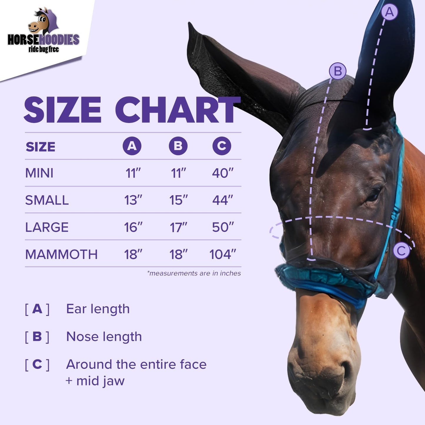 Donkey Fly Mask with Long Ears (Purple) Half Hoodie for Standard Donkey, Made in USA - Mule Fly Mask with Ears Protection from Insects and Bugs, Face Cover Soft Mesh Fabric with Adjustable Fastener