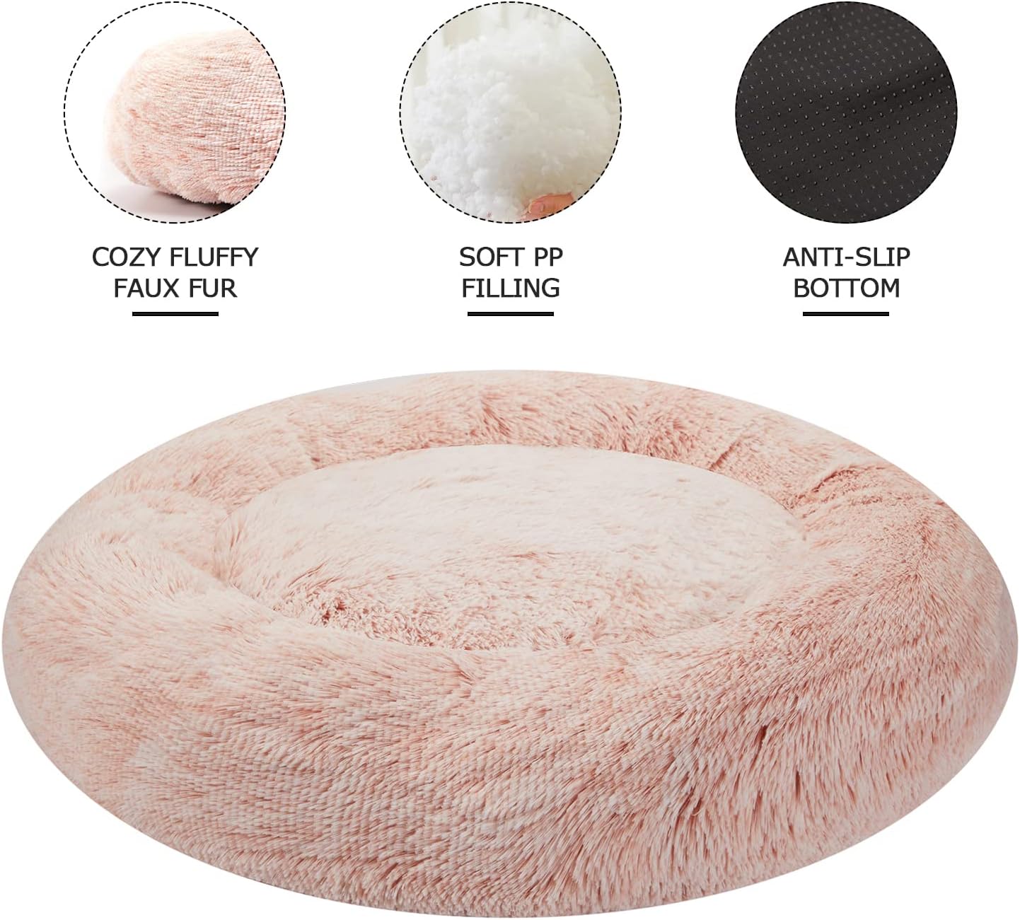 Bedfolks Calming Donut Dog Bed Cat Bed, 23 Inches Round Fluffy Dog Beds for Small Dogs, Machine Washable Anti-Anxiety Plush Puppy Bed（Pink, Small）