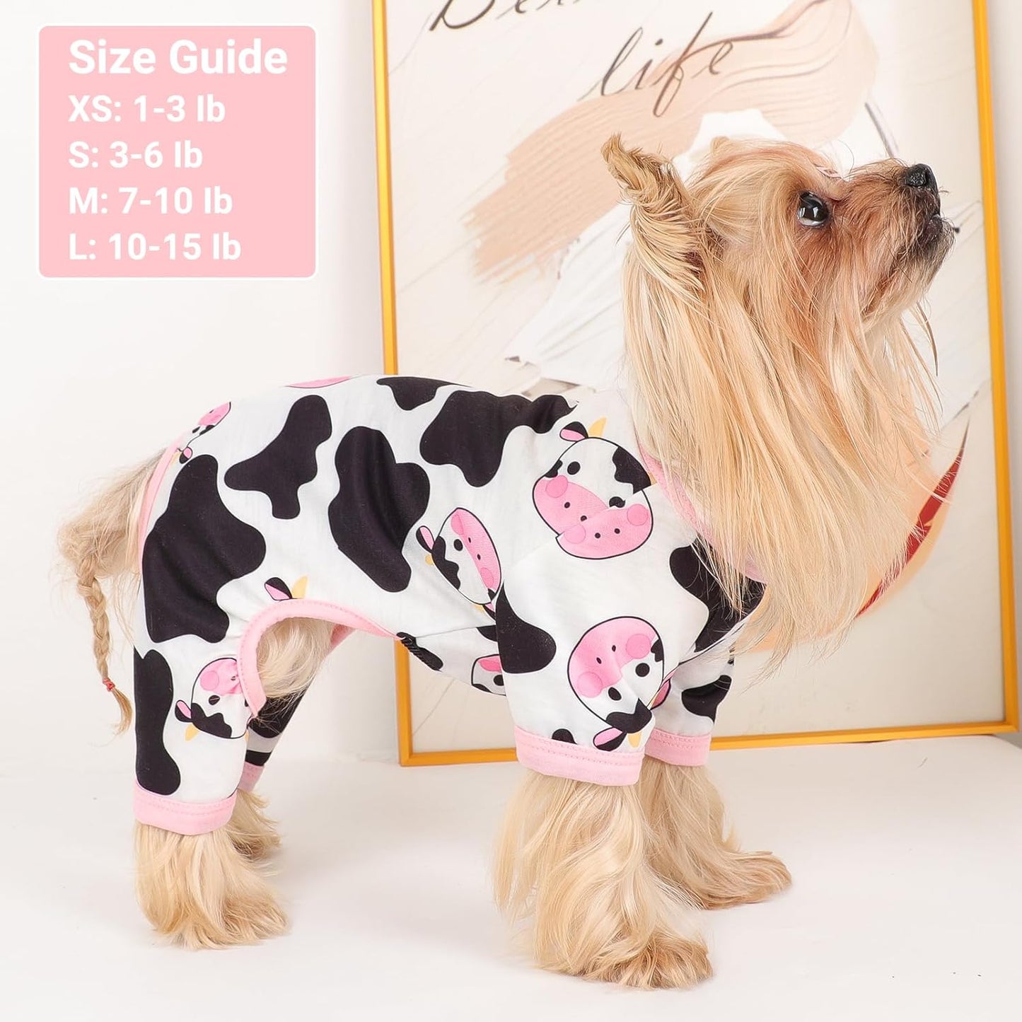 Dog Pajamas Small Sized Dogs Stretchable Summer Dog Clothes Pjs 4 Legs Girl Boy Cute Soft Puppy Outfits Doggie Cat Jammies Jumpsuit Sleeper for Pet, Pink Cow, XS