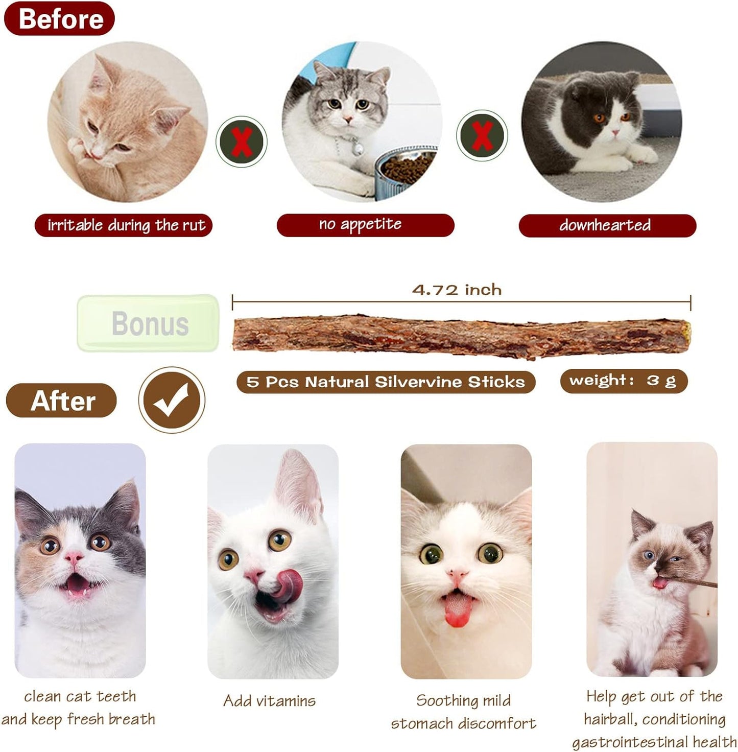 Natural Wood Cat Wand Toy with Ribbon Fish Teaser - 3pcs, 16 Inch, Indoor Cat Exerciser & Playing Kitten Toy, Bonus 5pcs Catnip Sticks for Teeth Cleaning