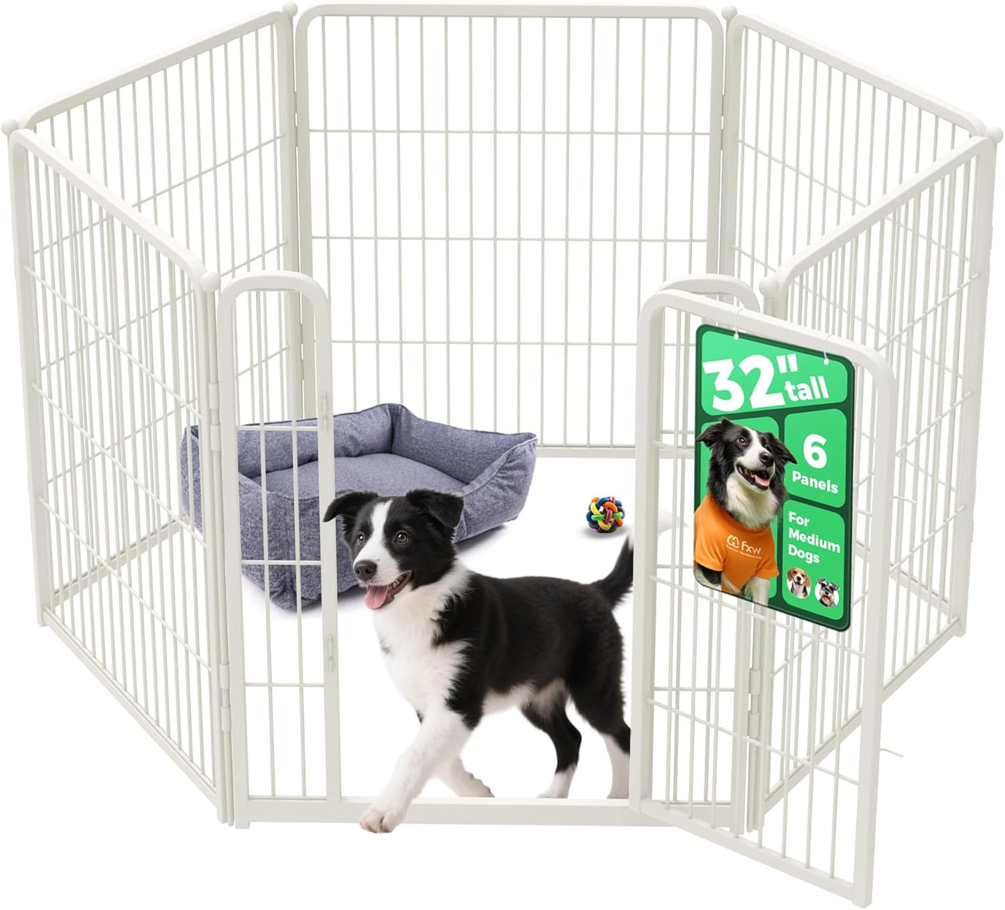 FXW Homeplus Unleashed Indoor Dog Playpen - Stress-Free and Safe Play, Heavy Duty 32 Inch 6 Wire Panels Dog Pen for Small and Medium Dogs, White│Patented
