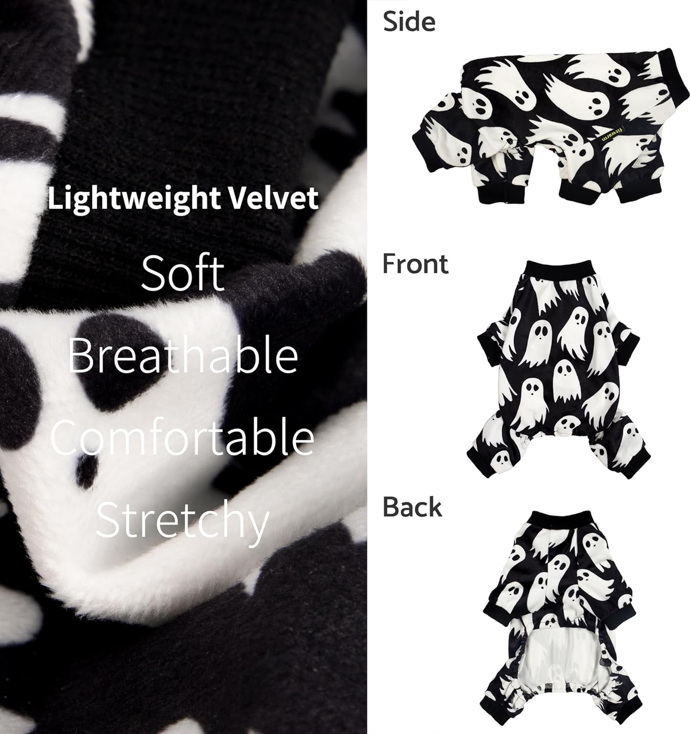 Fitwarm Halloween Ghost Dog Pajamas, Funny Halloween Costumes for Dogs, Fleece Dog Onesie with Feet, Doggy Clothes for Small Dogs Boy Girl, Pet Apparel, Black, White, Large