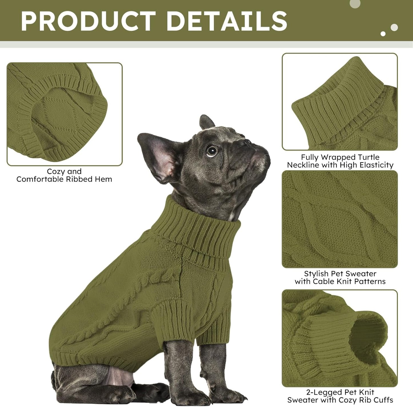 Queenmore Small Dog Pullover Sweater, Cold Weather Cable Knitwear, Classic Turtleneck Thick Warm Clothes for Chihuahua, Bulldog, Dachshund, Pugl,OliveGreen,XS
