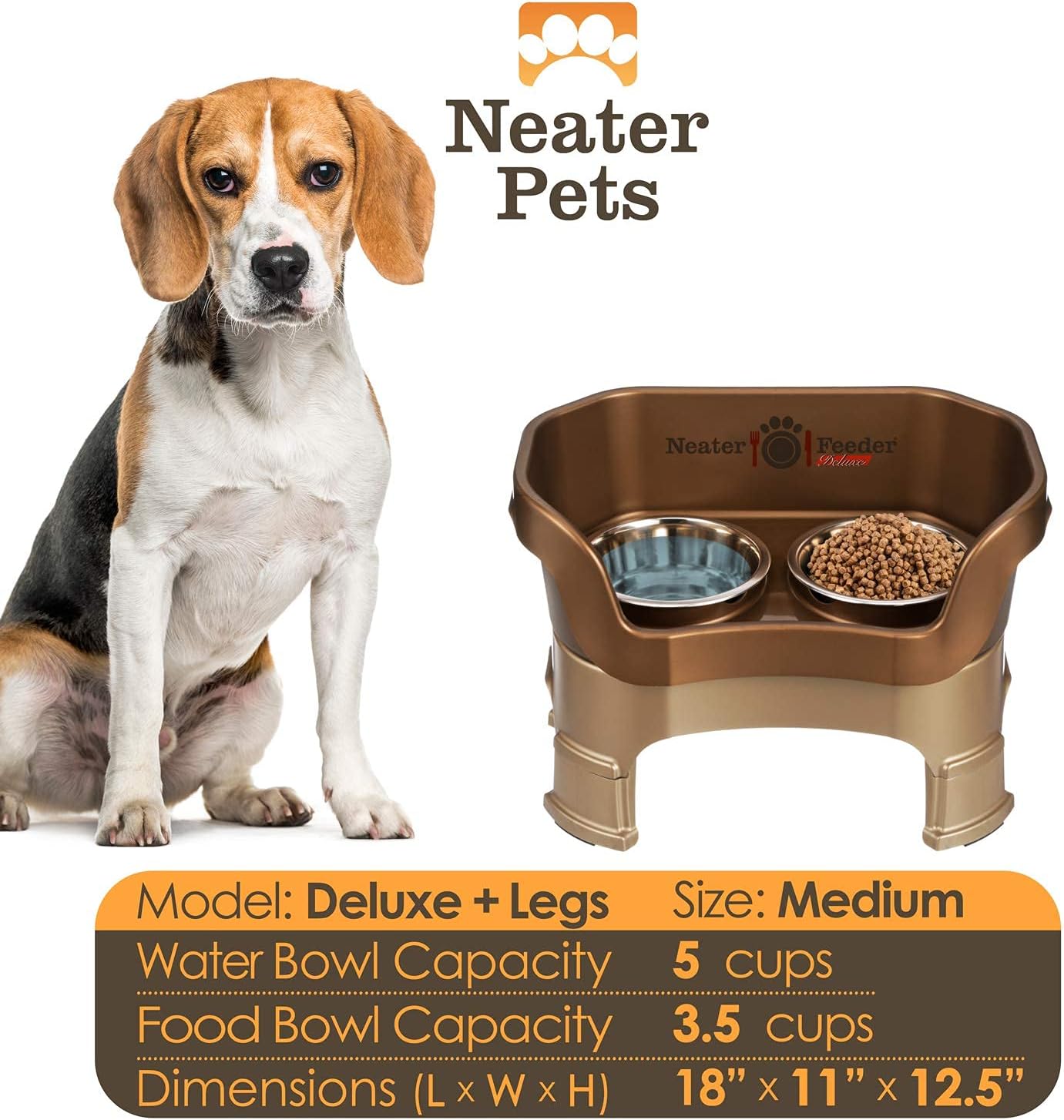 Neater Feeder Deluxe Mess Proof Dog Bowls Elevated Medium Sized Dogs (19-40 lbs) Made in USA, No Spill Raised Dog Food Bowl Stand w/Leg Extension, Stainless Steel Food and Water Bowl Set, Bronze