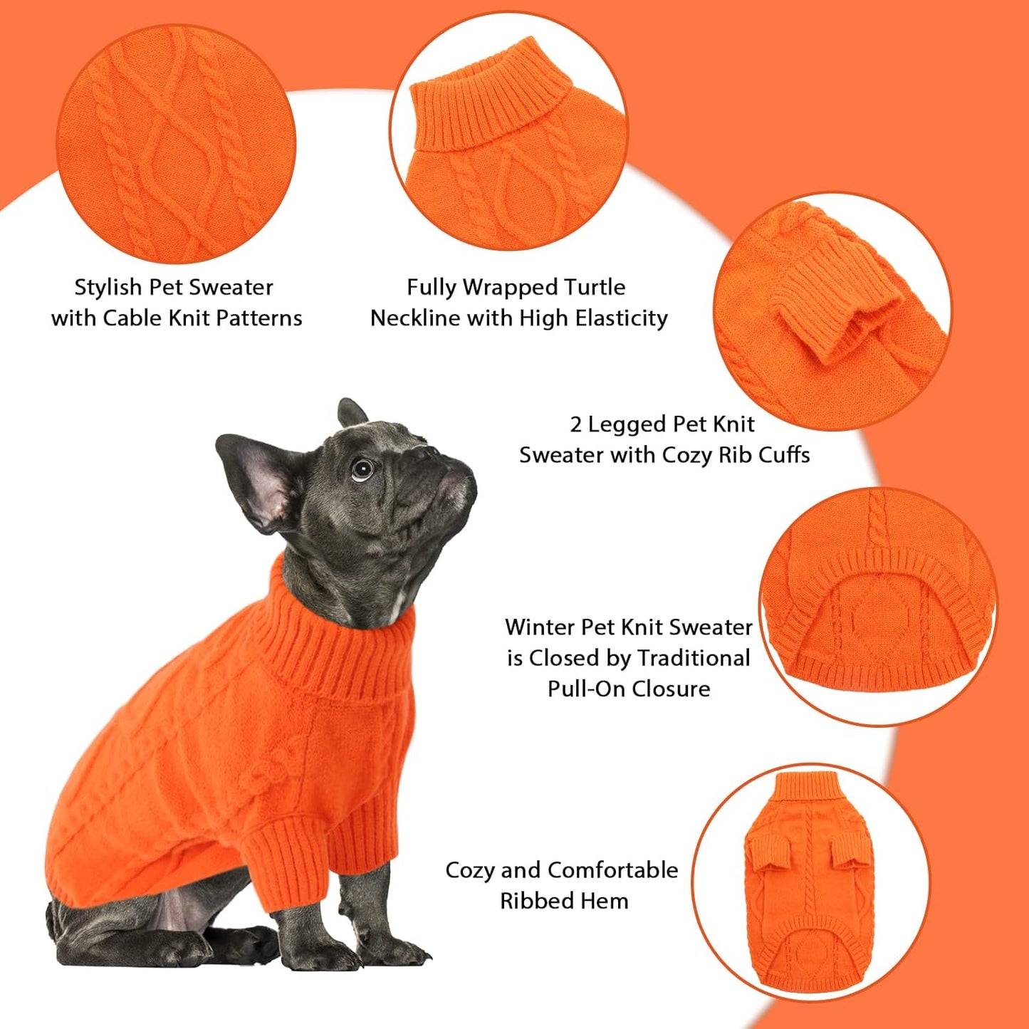 Queenmore Small Dog Pullover Sweater, Cold Weather Cable Knitwear, Classic Turtleneck Thick Warm Clothes for Chihuahua, Bulldog, Dachshund, Pug (Orange, Large)