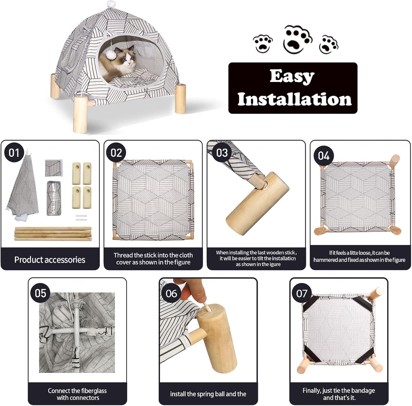 2-in-1 Elevated Cat Tent Cat House, Quick Assembly and Disassembly, Portable Indoor/Outdoor Cute Cat Bed Cave-White Diamond Pattern