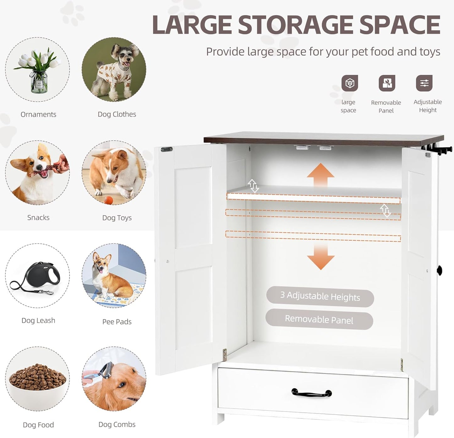 Pet Feeding Station, Dog Feeding Station, Dog Food Storage Cabinet, Pet Food Toy Organiser with 2 Elevated Bowls and Hook for Feeding and Drinking, White