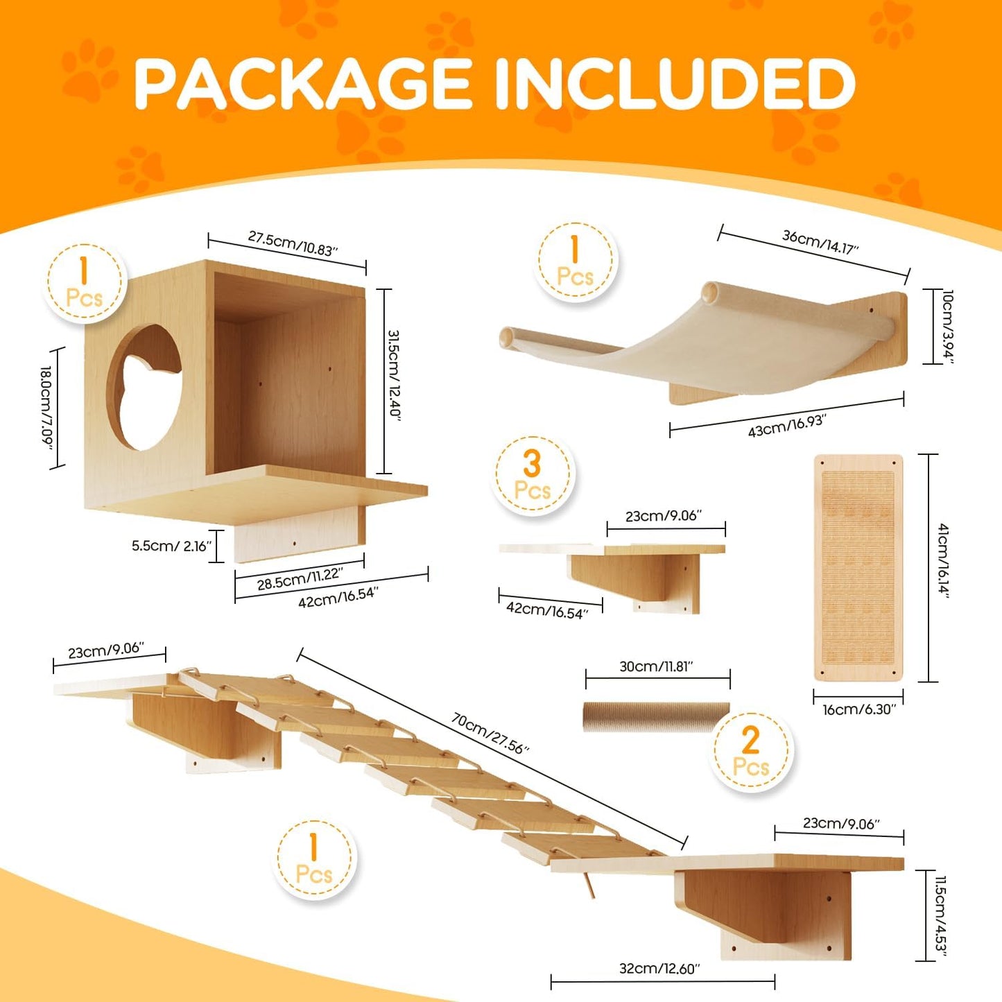 MeowHomm Cat Wall Shelves, Set of 5 Wooden Cat Wall Furniture with Cat Condo, Cat Scratching Post with 3 Steps, Bridge, Cat Hammocks and Scratcher