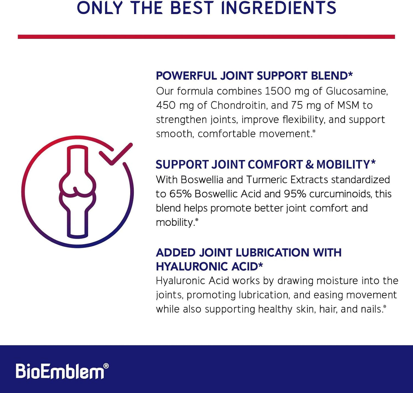 BioEmblem Joint Support - Glucosamine Chondroitin + MSM 1500 MG - with Boswellia, Turmeric & Hyaluronic Acid - Joint Health Supplement, Mobility, Flexibility, Cartilage - Non-GMO - 90 Caps