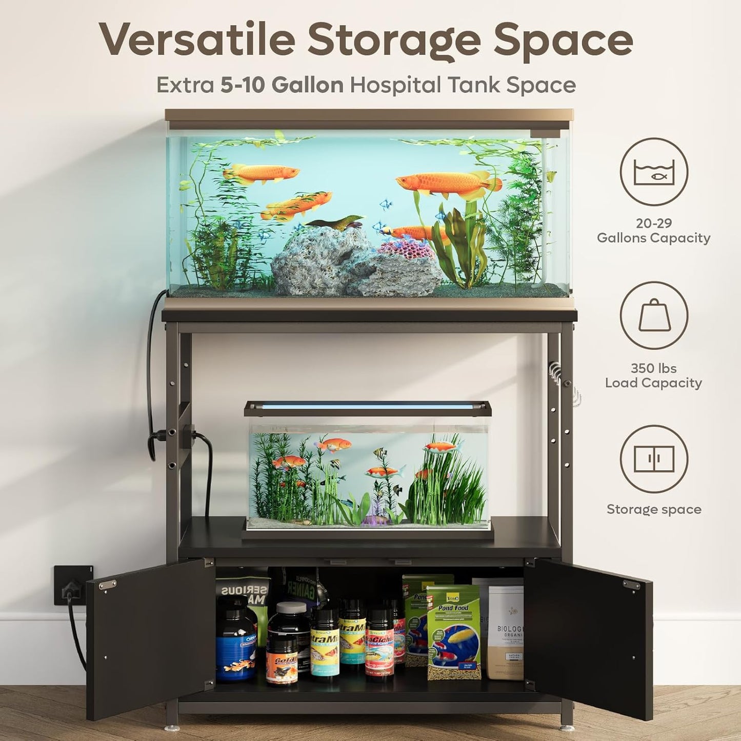 Bestier 20-29 Gallon Fish Tank Stand with Power Outlets, Metal Long Aquarium Stand with Storage Cabinet, 31x15 Reptile Terrarium Stand with Horizontal Gold Line, Stainless Hooks, 350 Lbs(Black)