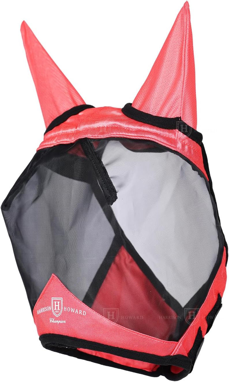 Harrison Howard Pro Luminous Horse Half Face Fly Mask Large Eye Space with Ears UV Protection for Horse Coral Orange XL