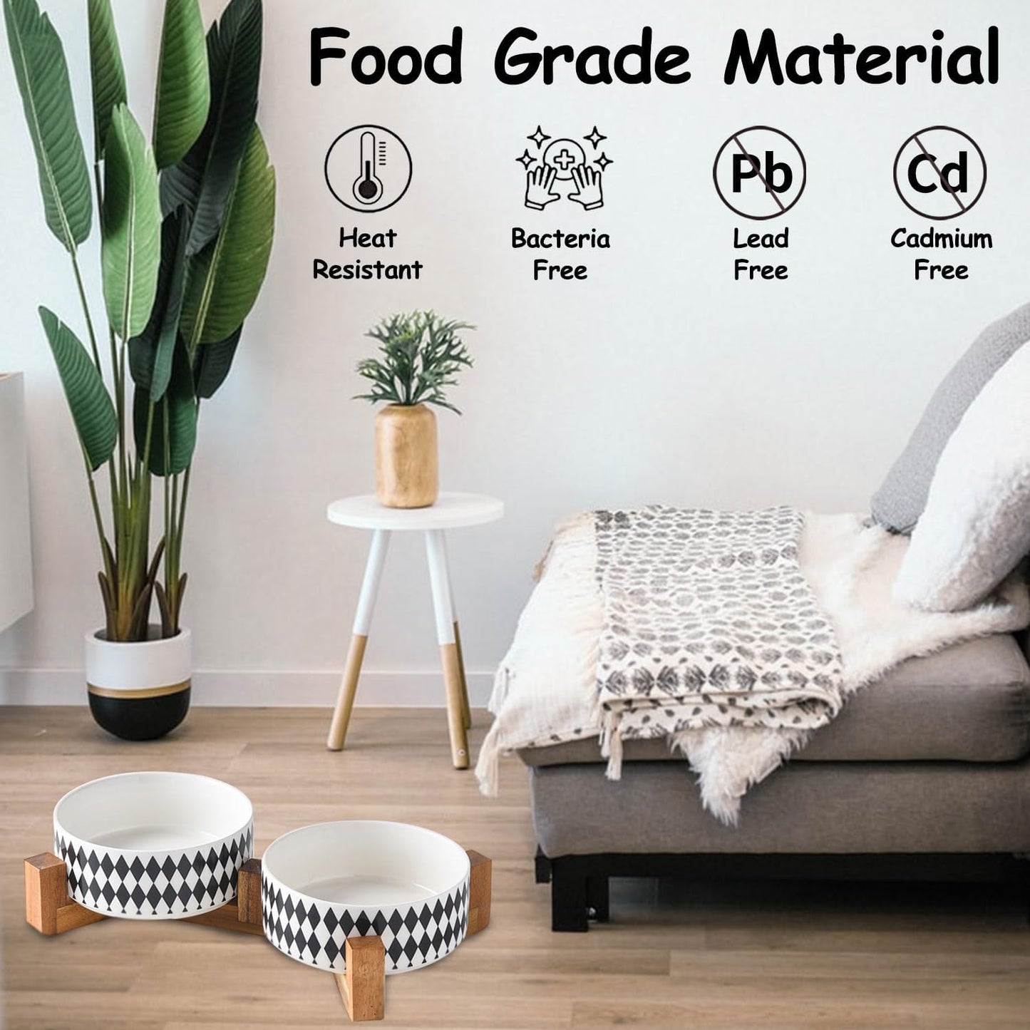 Petygooing Ceramic Dog Cat Bowl Set with Stand, Pet Food and Water Dishes,Small Dog Bowls Anti-Slip Set of 2 Cat Bowls-Pet Food Bowl- Pet Dish Small Medium Size Pet (28OZ/6.1 in) Black Rhombus