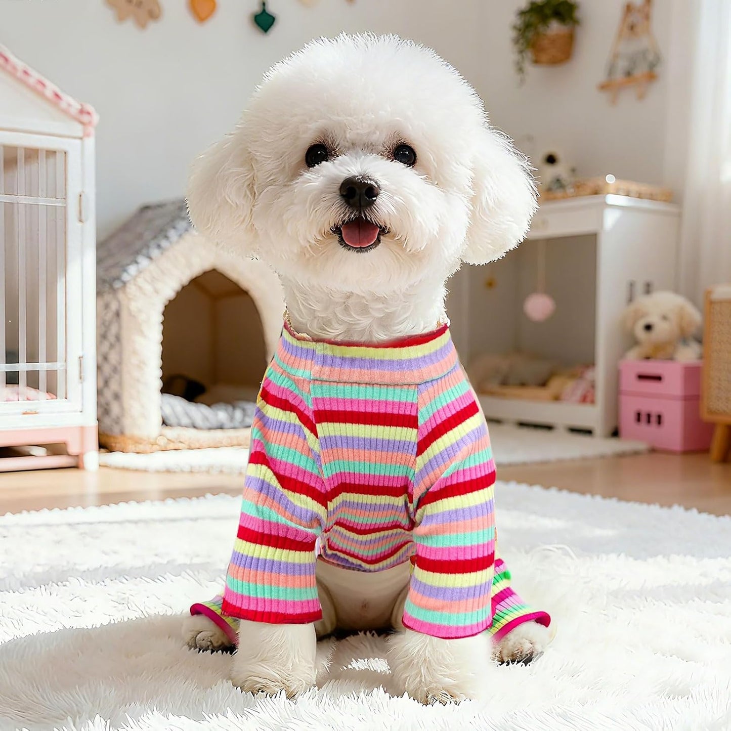 BAEJMJK Striped Dog Pajamas Stretchy Cute Four-Legged Boy Girl Dog Clothes with Sleeves Comfortable Dogs Jumpsuit Colorful Pet Puppy Outfits Apparel for Small Medium Dogs Cats(Red,X-Small)