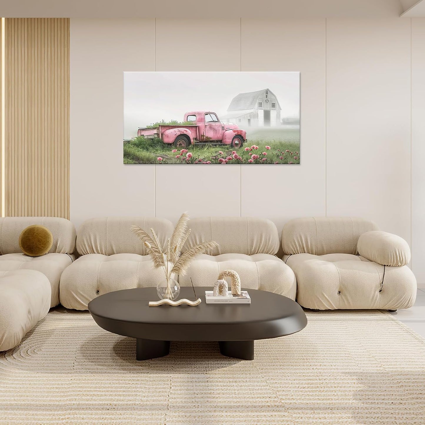 Large Rustic Farmhouse Pink Truck Wall Art for Living Room Country Barn Art Big Space Size Bedroom Office Framed Canvas Prints Pictures Painting Artwork Office Bedroom Home Decor 60"x30"