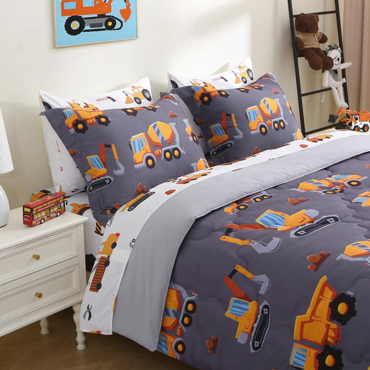 Kids Comforter Set 7 Piece Bedding Cute Car Cartoon Truck Bed Microfiber Comforter Queen Size All Season Excavator Car Truck Printed