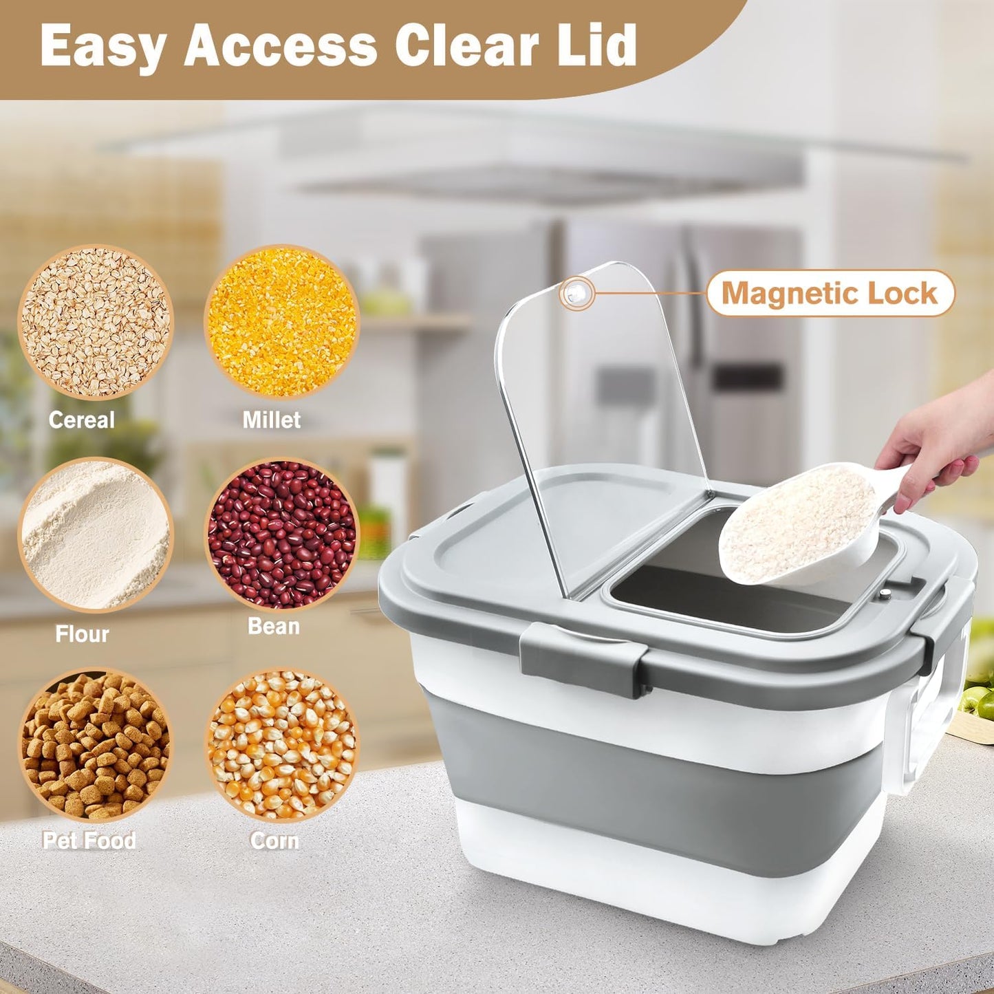 Rice Storage Container, Collapsible Airtight Food Storage Containers 10-40 Lbs, Rice Dispenser Bin with Cup and Scoop for Flour Cereal Pasta Grain, Cat Bird Pet Dog Food Storage Container