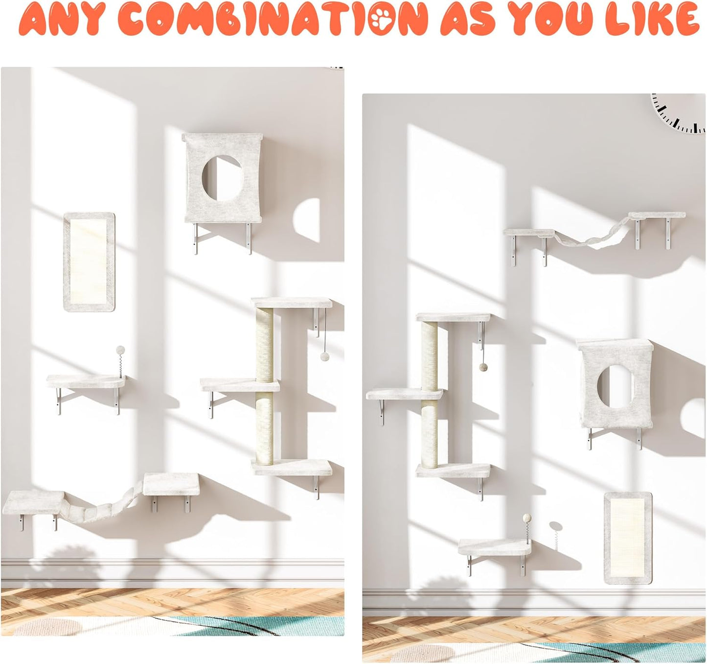 NUNU LAB Wall Mounted Cat Furniture, 5 Pcs Cat Wall Shelves with House, Bridge, Steps, Scratching Post, Shelves, Indoor Safe & Stable Furniture for Kittens Play, Beige